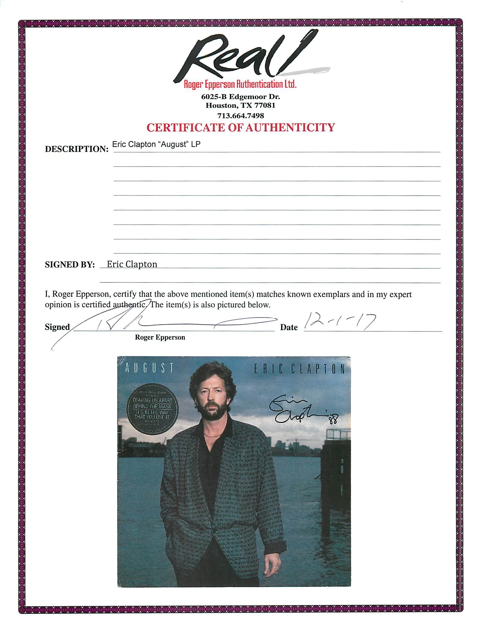 Eric Clapton "88" Authentic Signed August Album Cover W/ Vinyl REAL LOA - Image 7