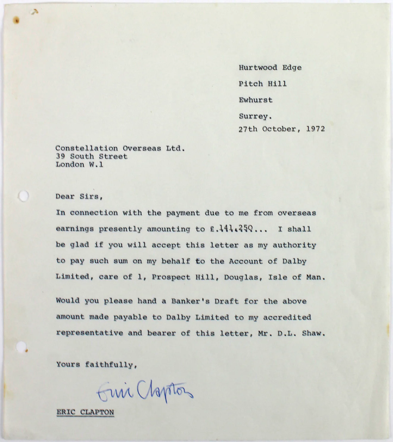 Eric Clapton Authentic Signed 8x9 Letter Dated October 27, 1972 BAS #A57044
