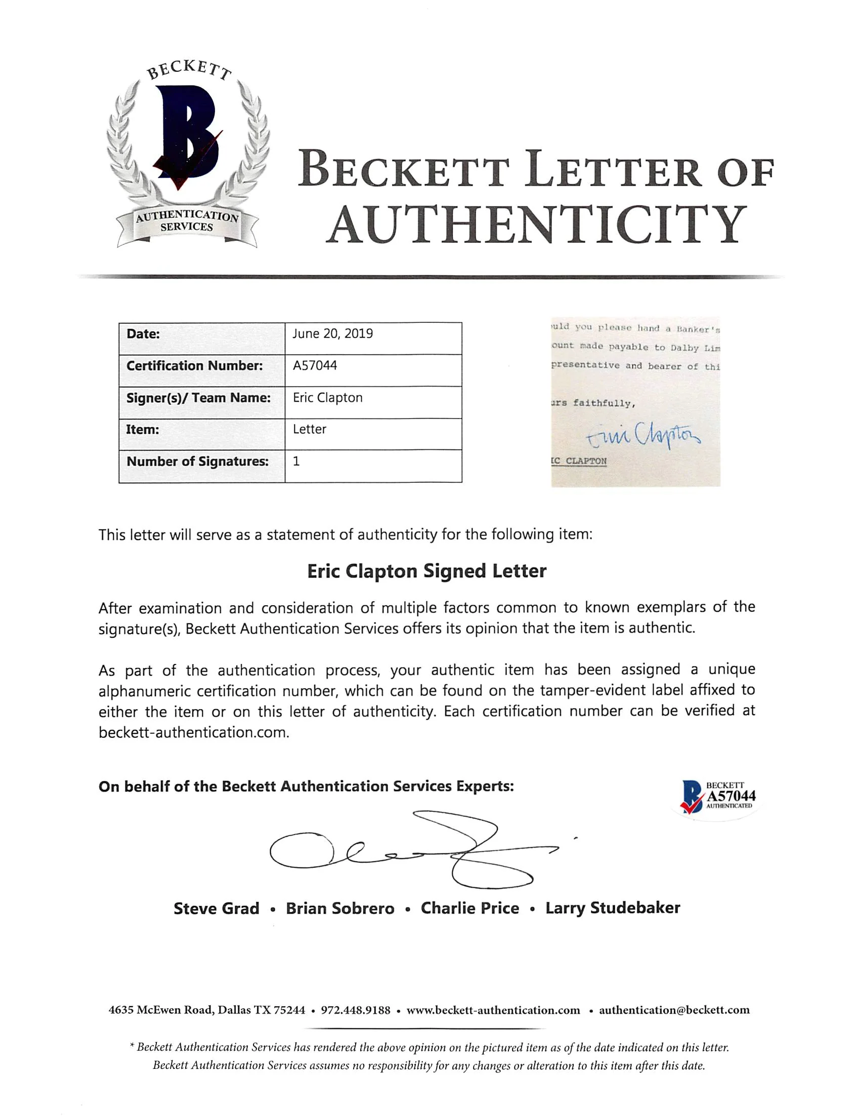Eric Clapton Authentic Signed 8x9 Letter Dated October 27, 1972 BAS #A57044 - Image 4