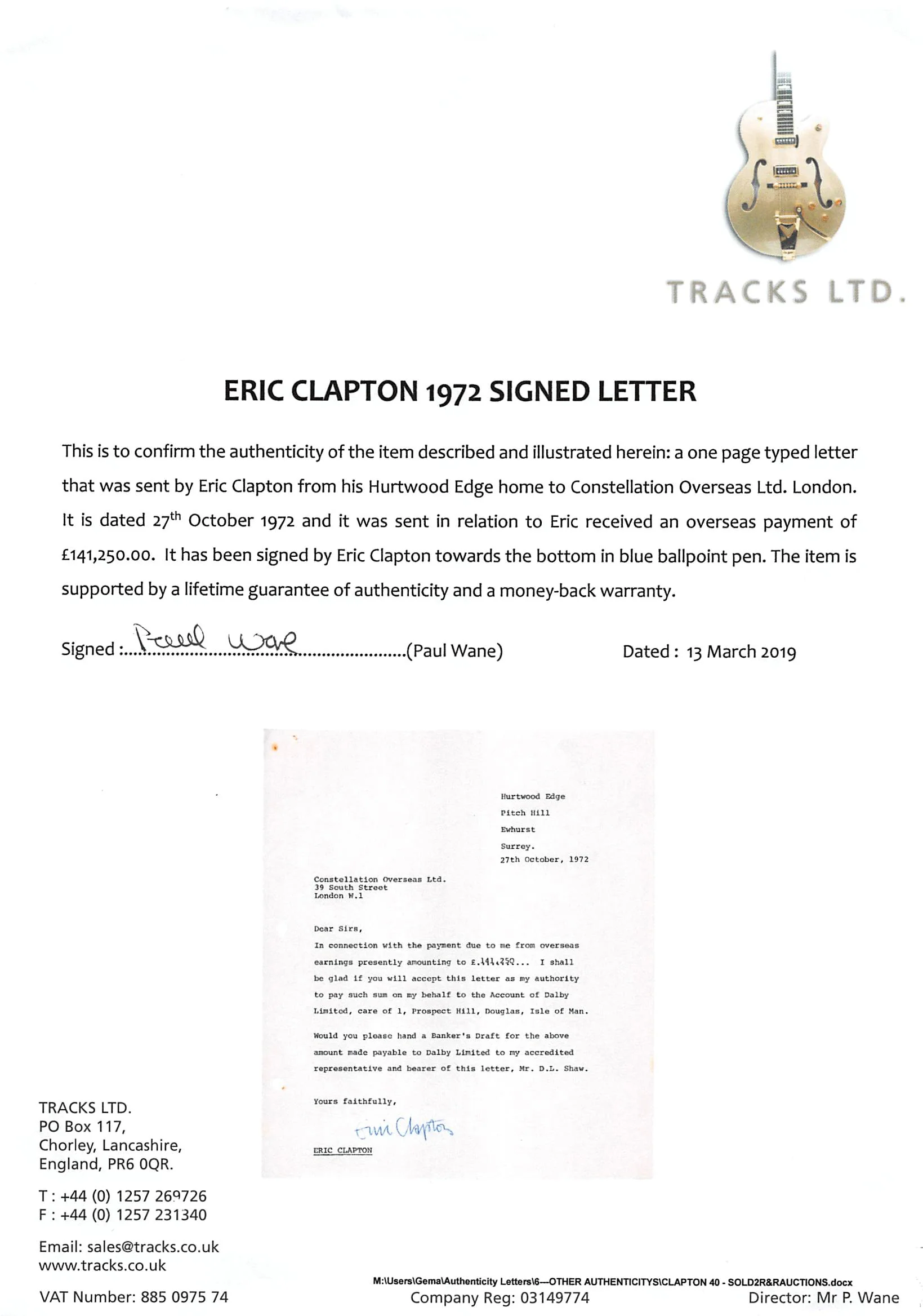 Eric Clapton Authentic Signed 8x9 Letter Dated October 27, 1972 BAS #A57044 - Image 5
