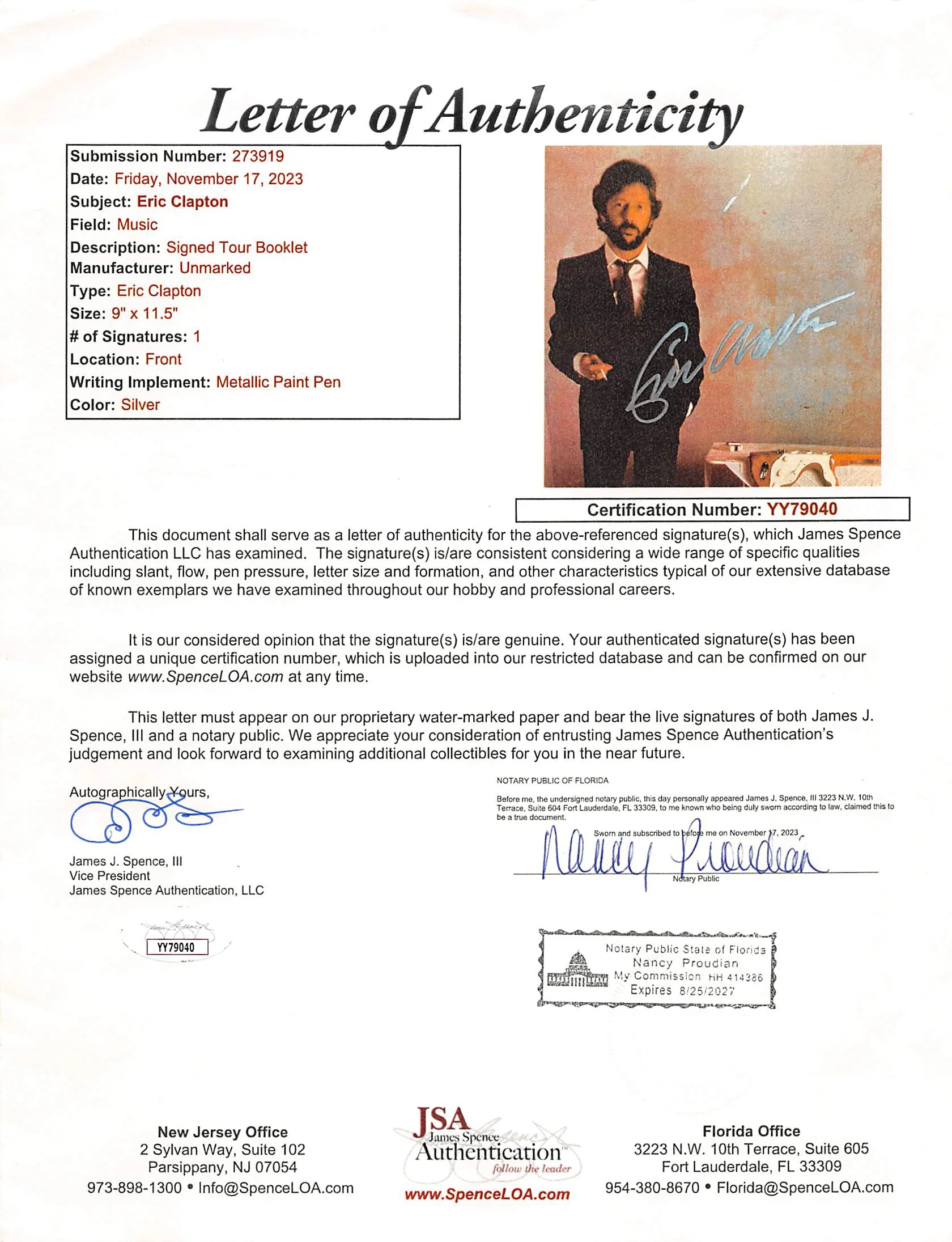 Eric Clapton Authentic Signed 9x11.5 Money & Cigarettes Program JSA #YY79040 - Image 6