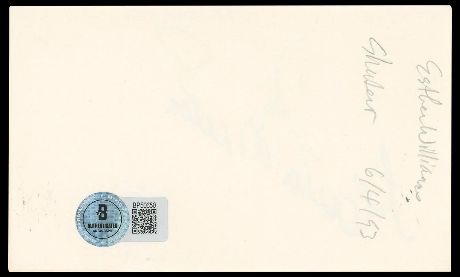 Esther Williams Million Dollar Mermaid Signed 3x5 Index Card BAS #BP50650 - Image 3