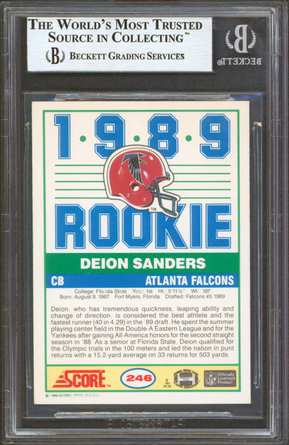 Falcons Deion Sanders Authentic Signed 1989 Score #246 Rookie Card BAS Slabbed - Image 3