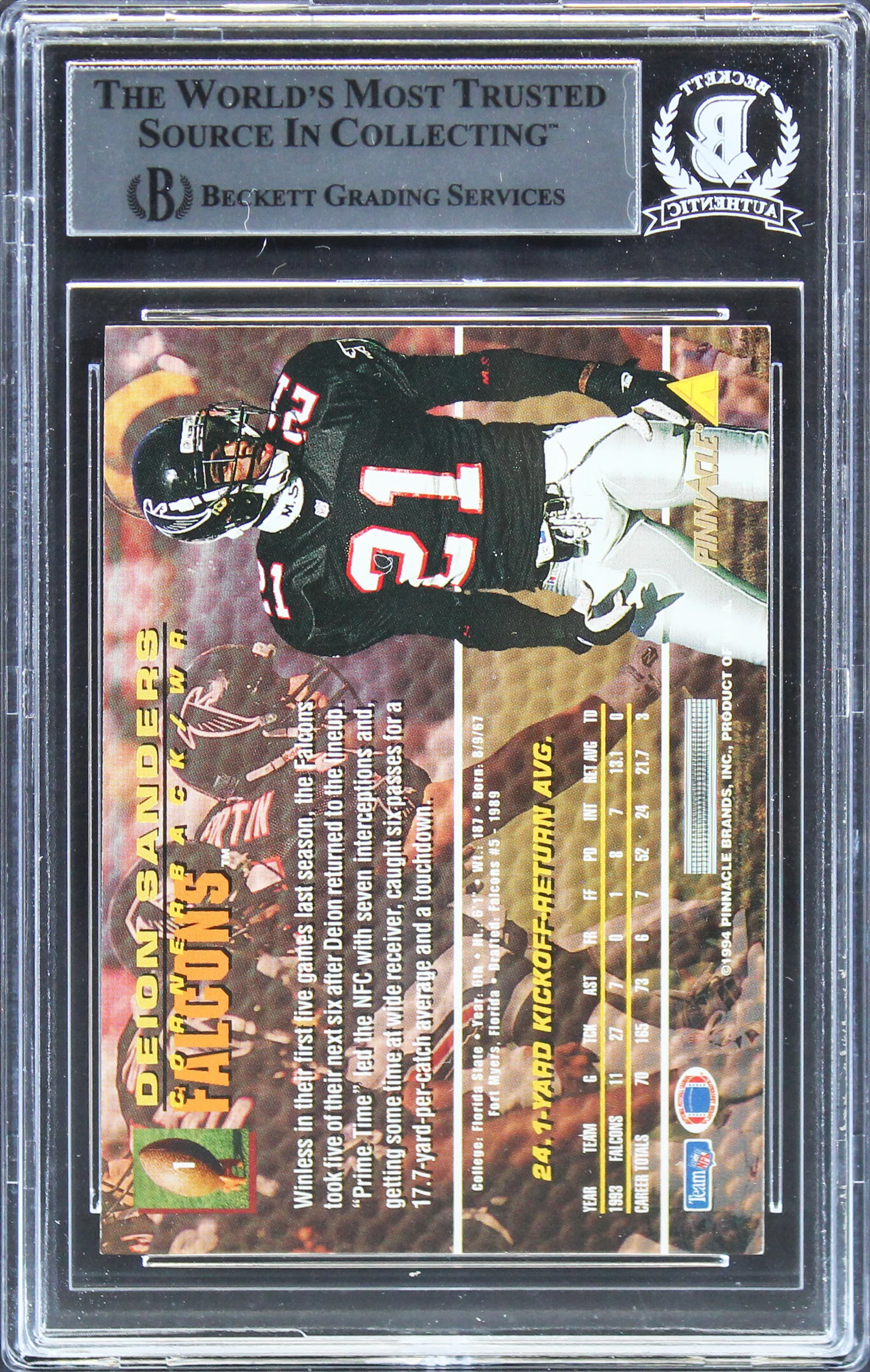Falcons Deion Sanders Authentic Signed 1994 Pinnacle #1 Card BAS Slabbed - Image 3