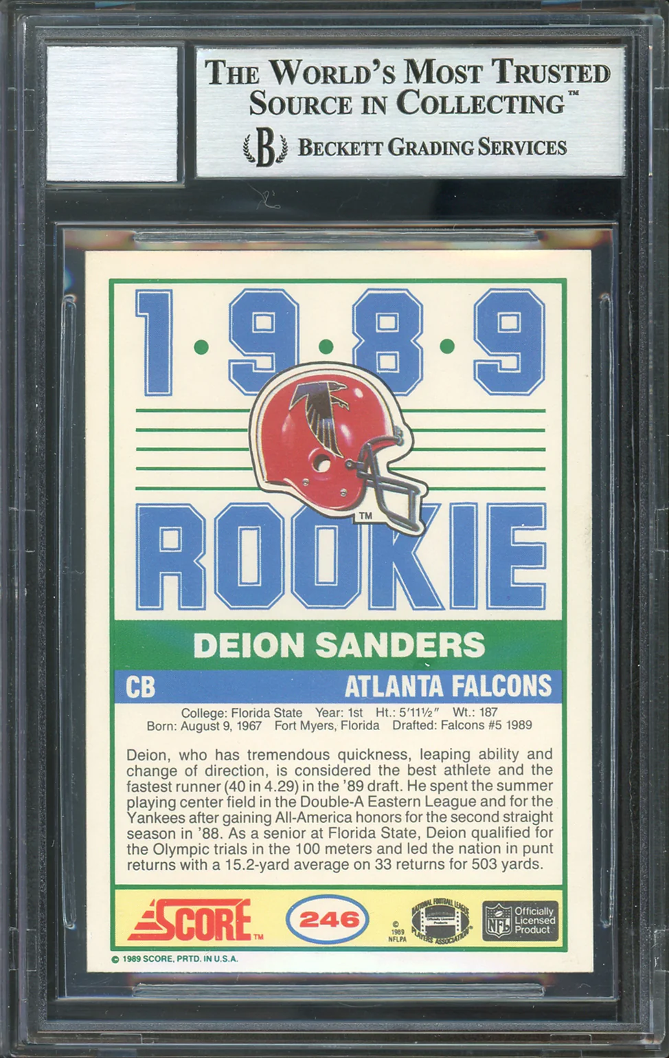 Falcons Deion Sanders Signed 1989 Score #246 RC Card Auto Graded 10! BAS Slabbed - Image 3