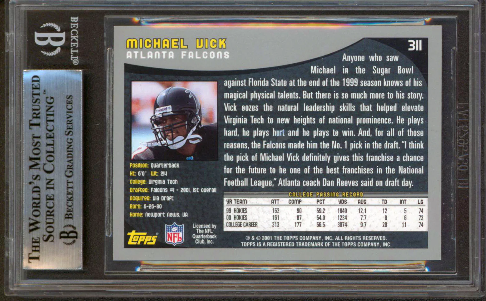 Falcons Michael Vick Authentic Signed 2001 Topps #311 Rookie Card BAS Slabbed - Image 3
