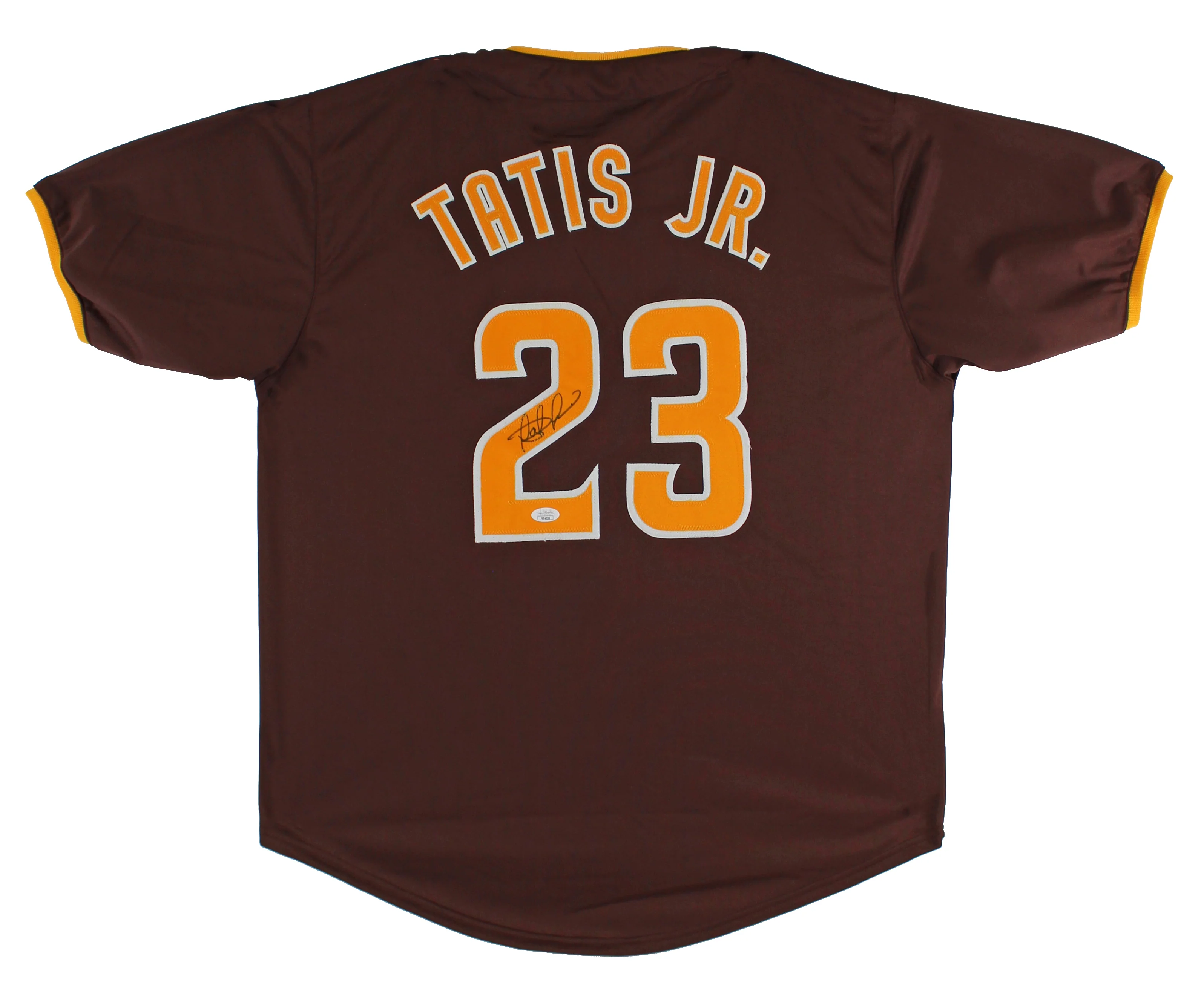 Fernando Tatis Jr. Authentic Signed Brown Pro Style Jersey w/ Yellow Numbers JSA - Image 2