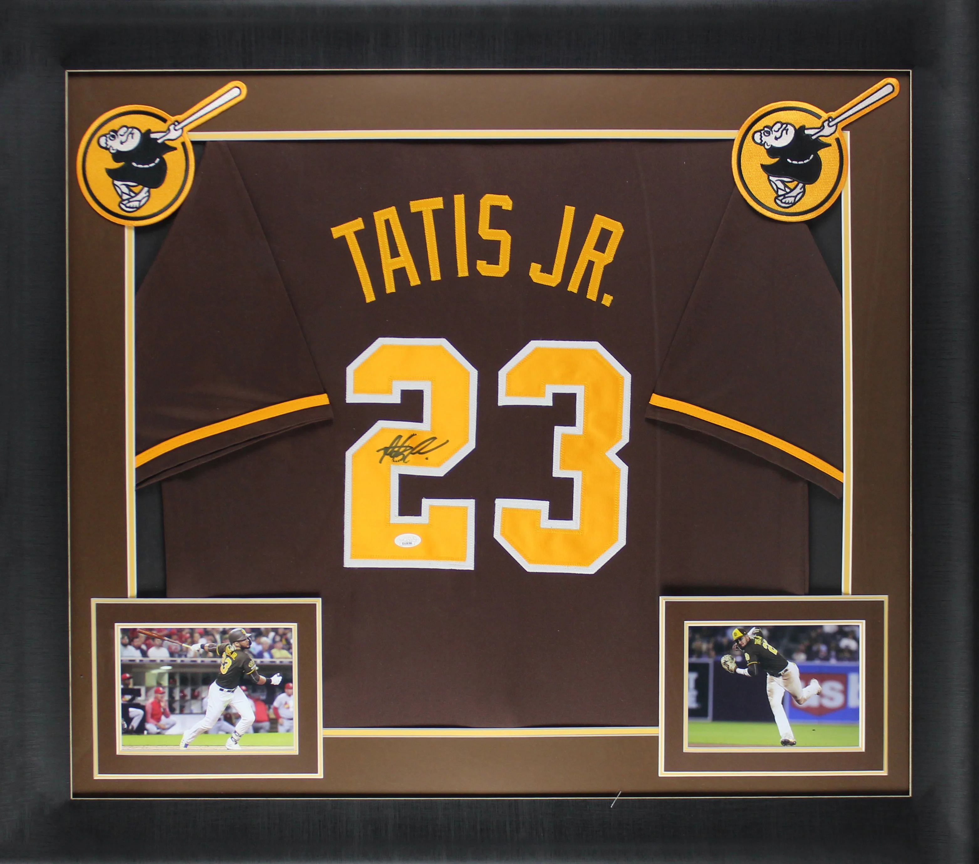 Fernando Tatis Jr. Signed Brown Pro Style Framed Jersey w/ Yellow #'s JSA - Image 2