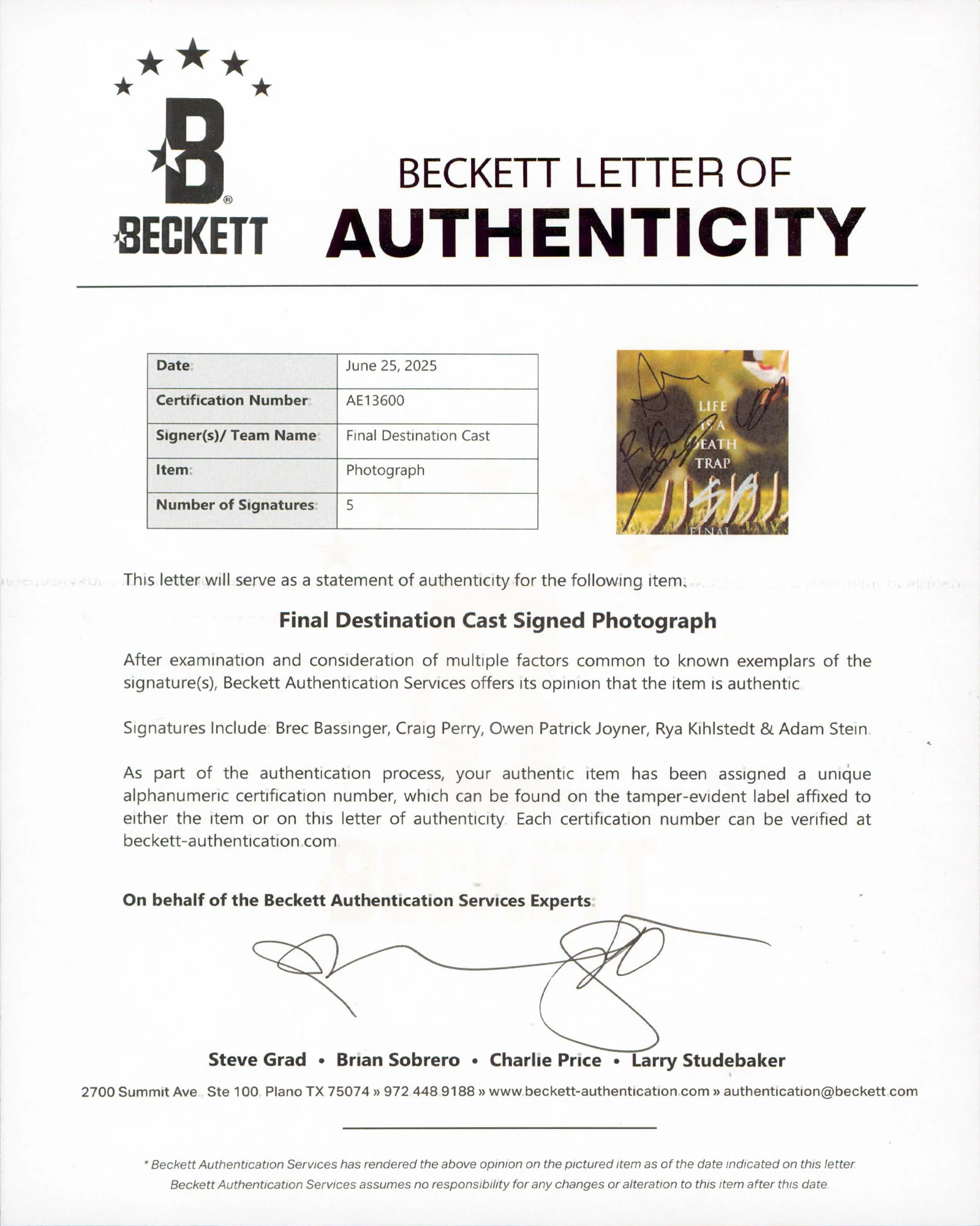 Final Destination Bloodlines Bassinger, Perry, Joyner, +2 Signed 8x10 Photo BAS - Image 3