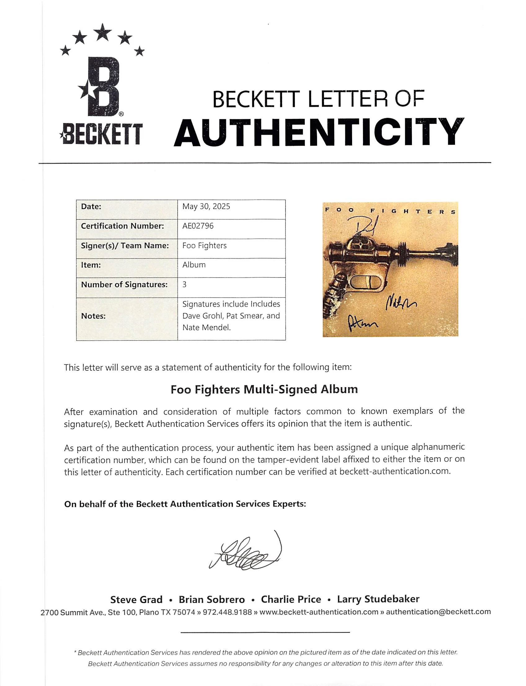 Foo Fighters (3) Grohl, Smear, & Mendel Signed Album Cover W/ Vinyl BAS #AE02796 - Image 8
