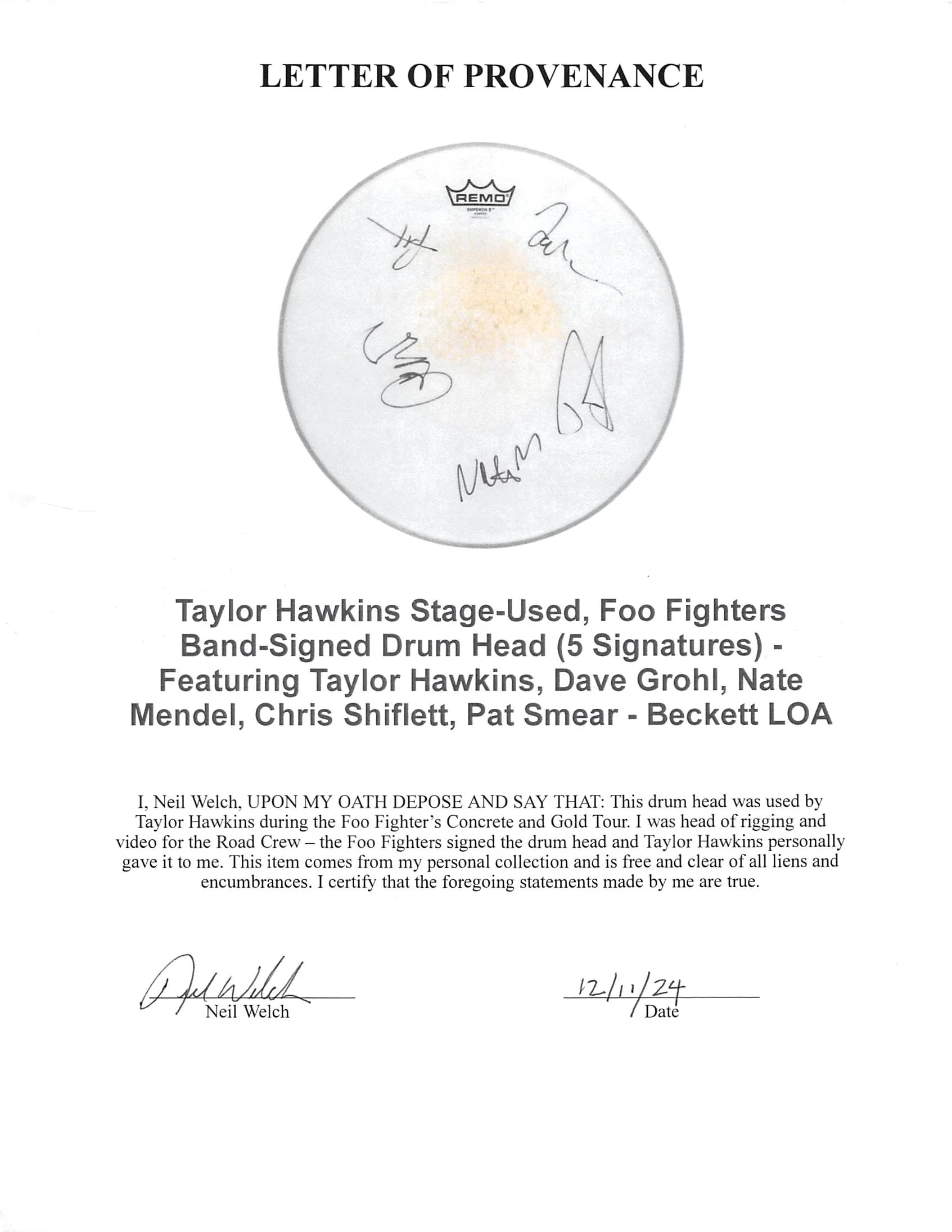 Foo Fighters (5) Grohl, Hawkins +3 Signed 15 Concert Used Drum Head BAS #AE21091 - Image 5