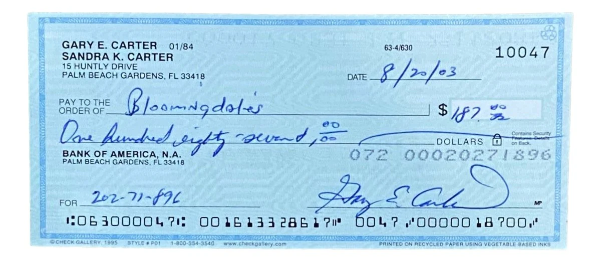 Gary Carter Montreal Expos Signed Bank Check #10047 BAS - Image 5
