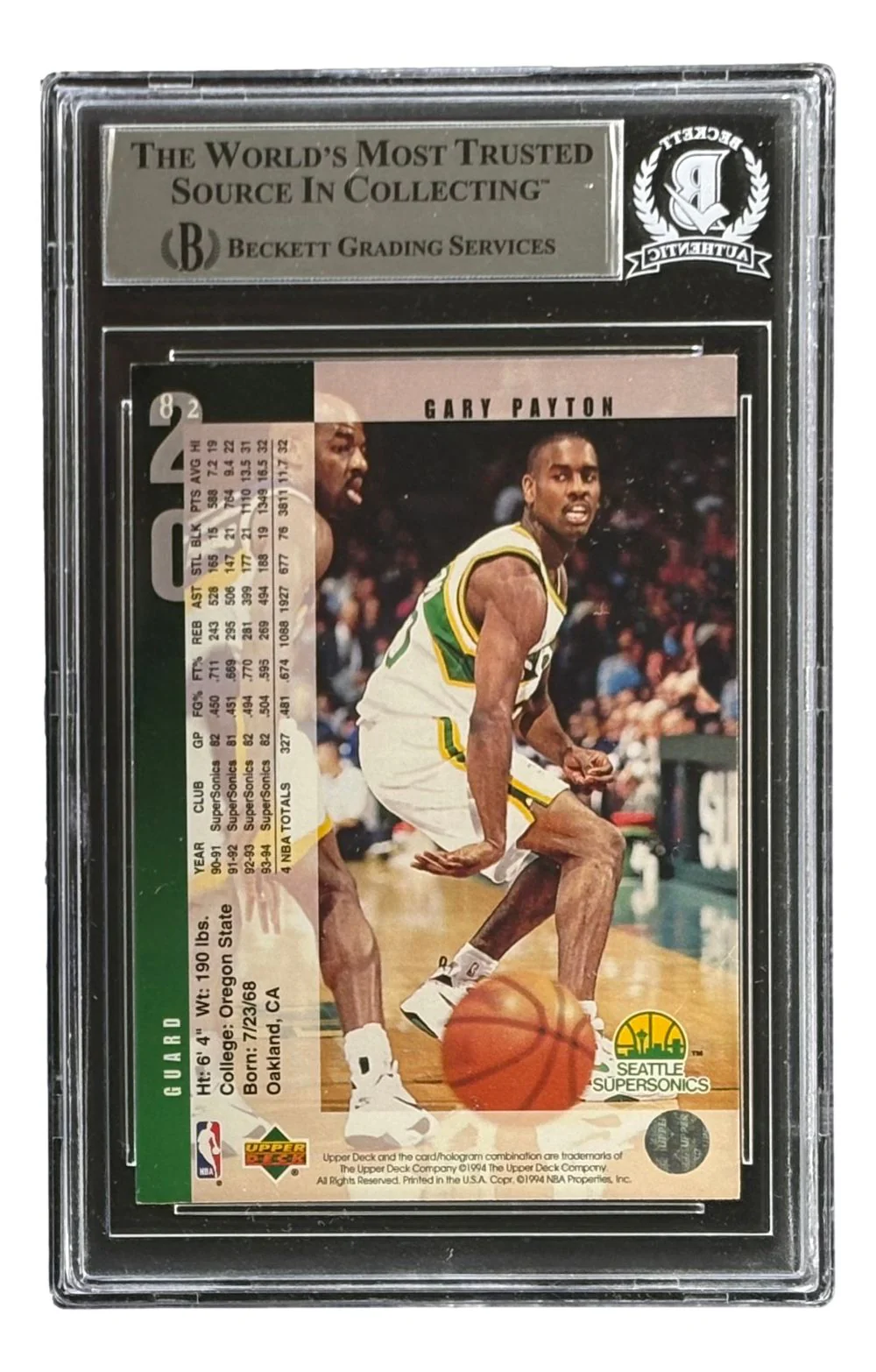 Gary Payton Signed 1994/95 Upper Deck #82 Seattle Sonics Trading Card HOF 2013 BAS - Image 2