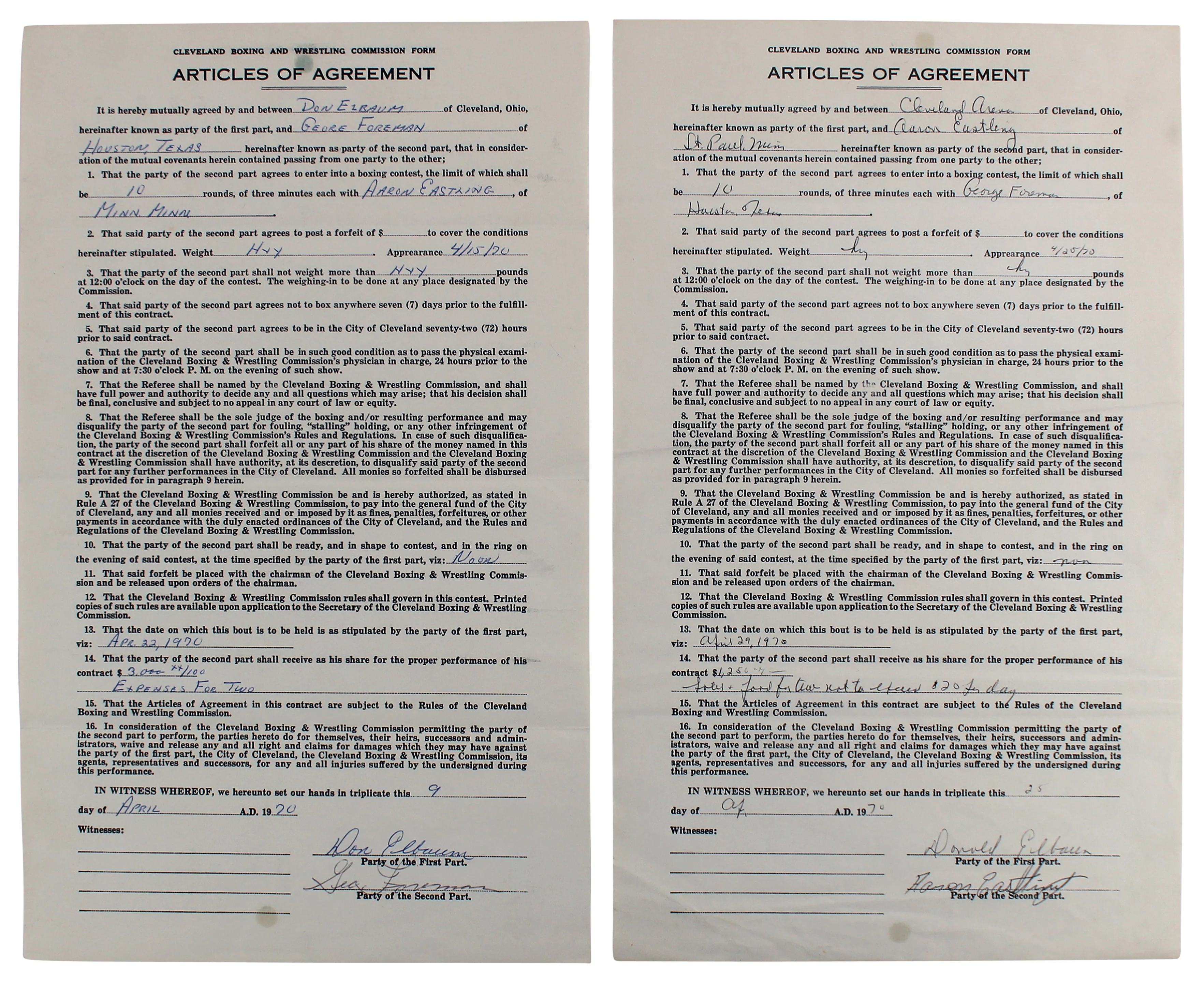 George Foreman & Aaron Eastling Signed 8.5x14 1970 2 Page Fight Contract BAS - Image 2