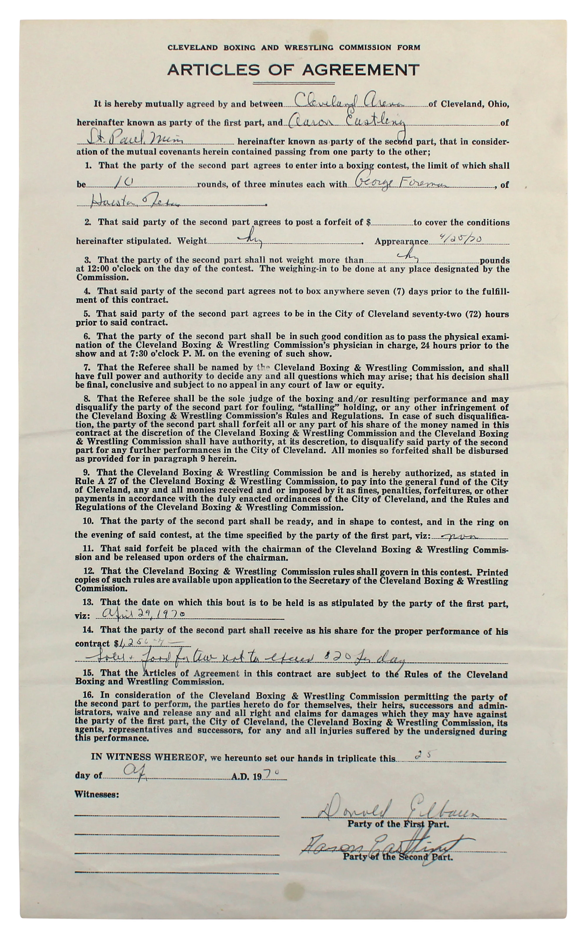 George Foreman & Aaron Eastling Signed 8.5x14 1970 2 Page Fight Contract BAS - Image 5