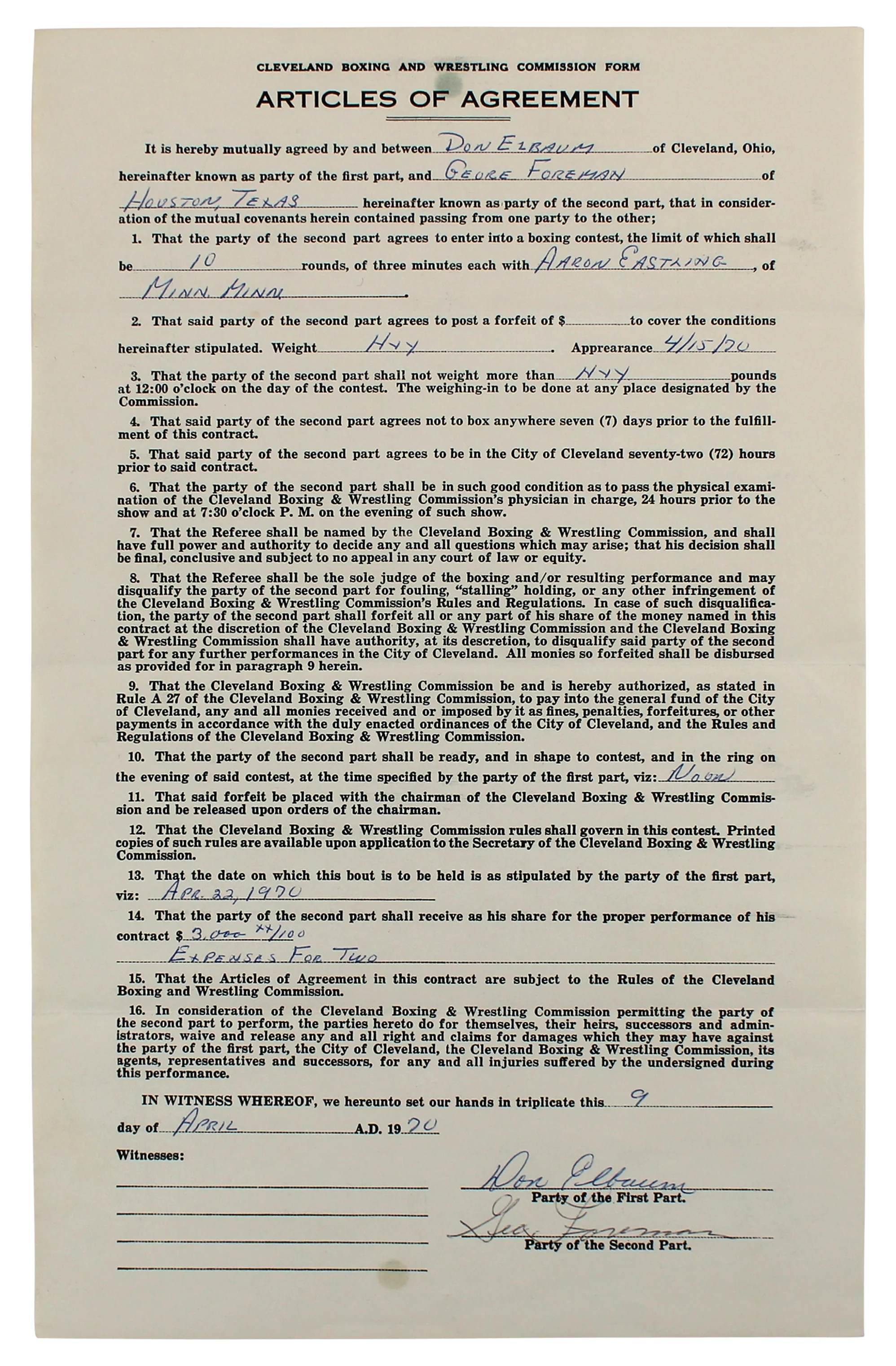 George Foreman & Aaron Eastling Signed 8.5x14 1970 2 Page Fight Contract BAS - Image 7