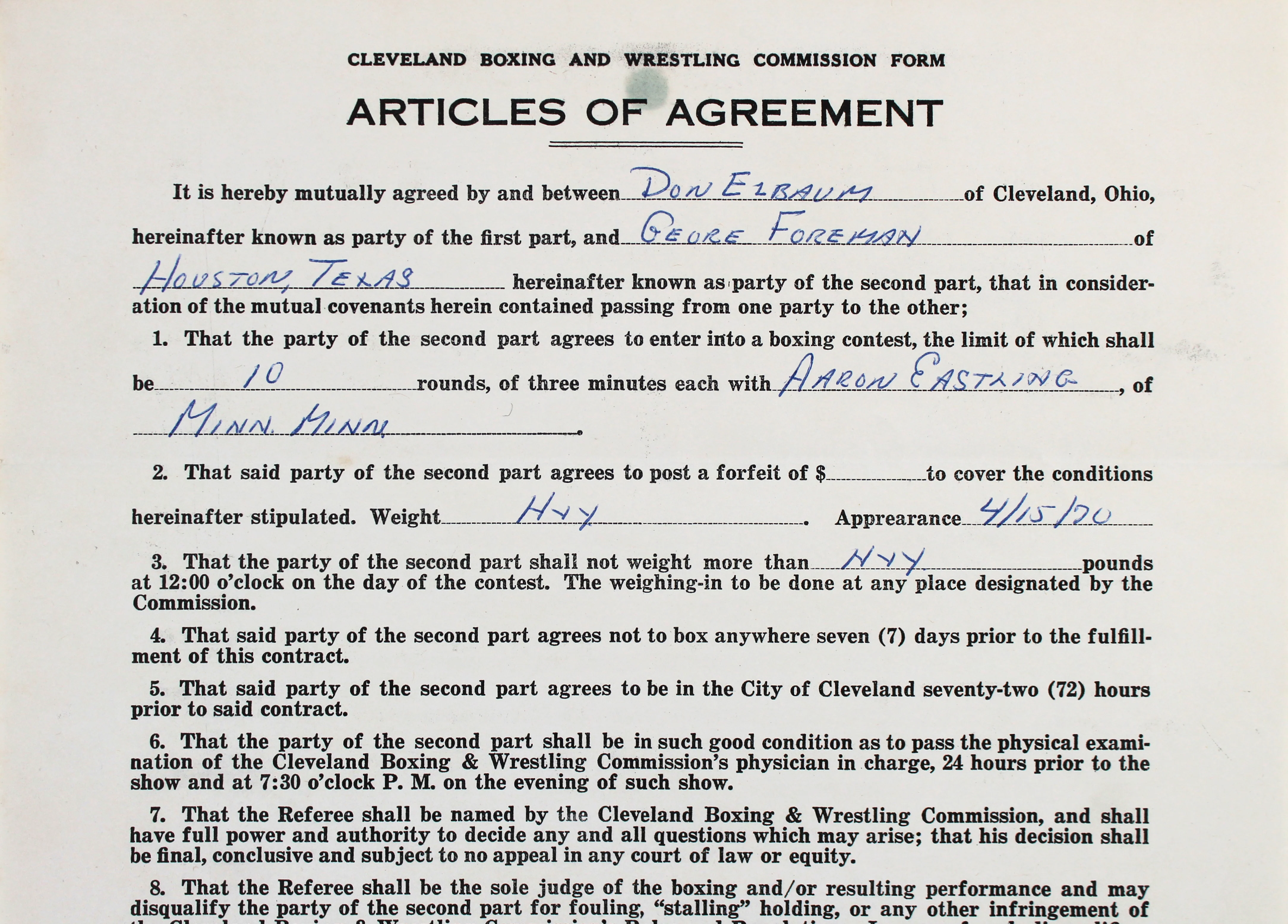 George Foreman & Aaron Eastling Signed 8.5x14 1970 2 Page Fight Contract BAS - Image 8