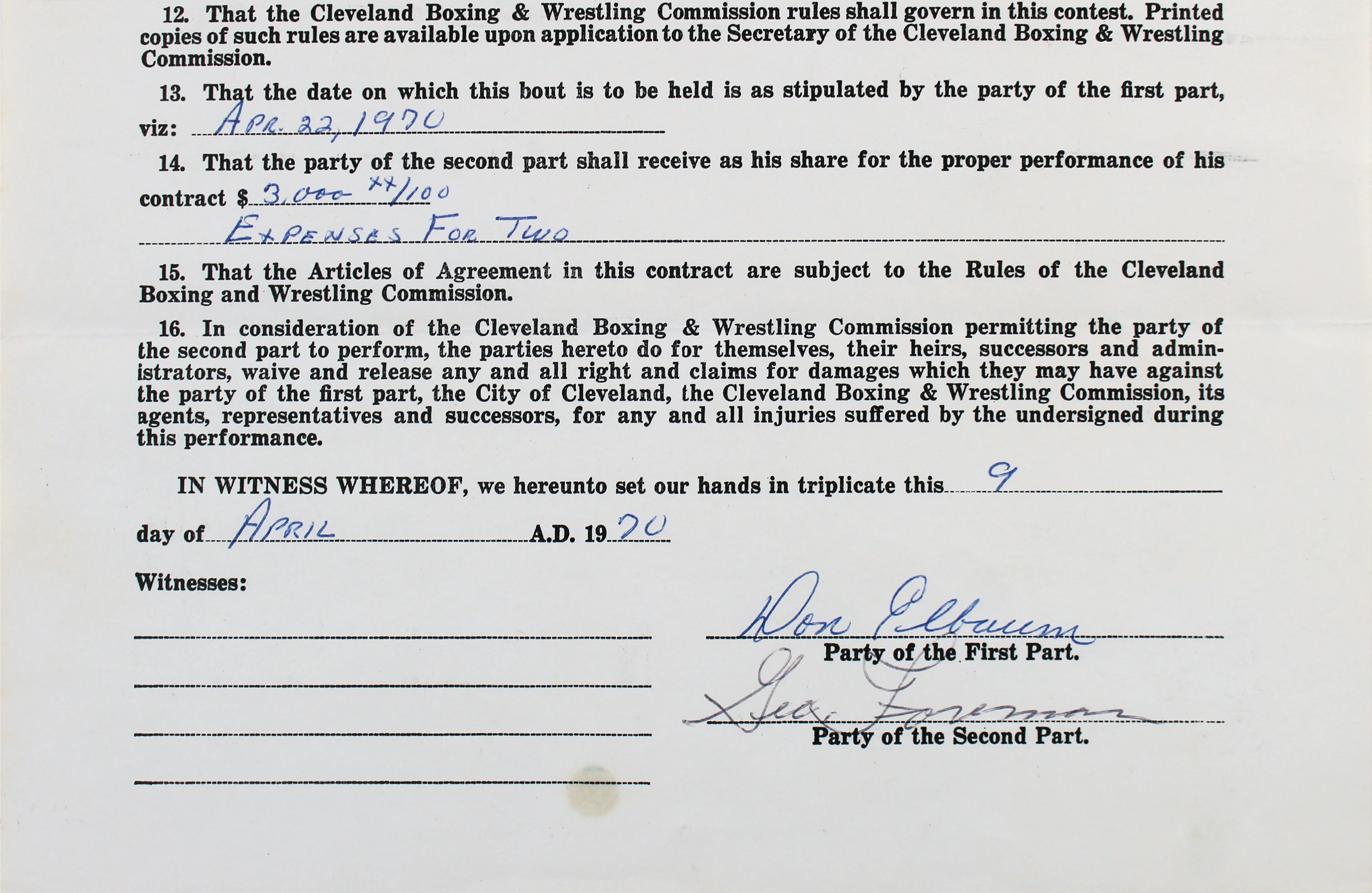 George Foreman & Aaron Eastling Signed 8.5x14 1970 2 Page Fight Contract BAS - Image 9