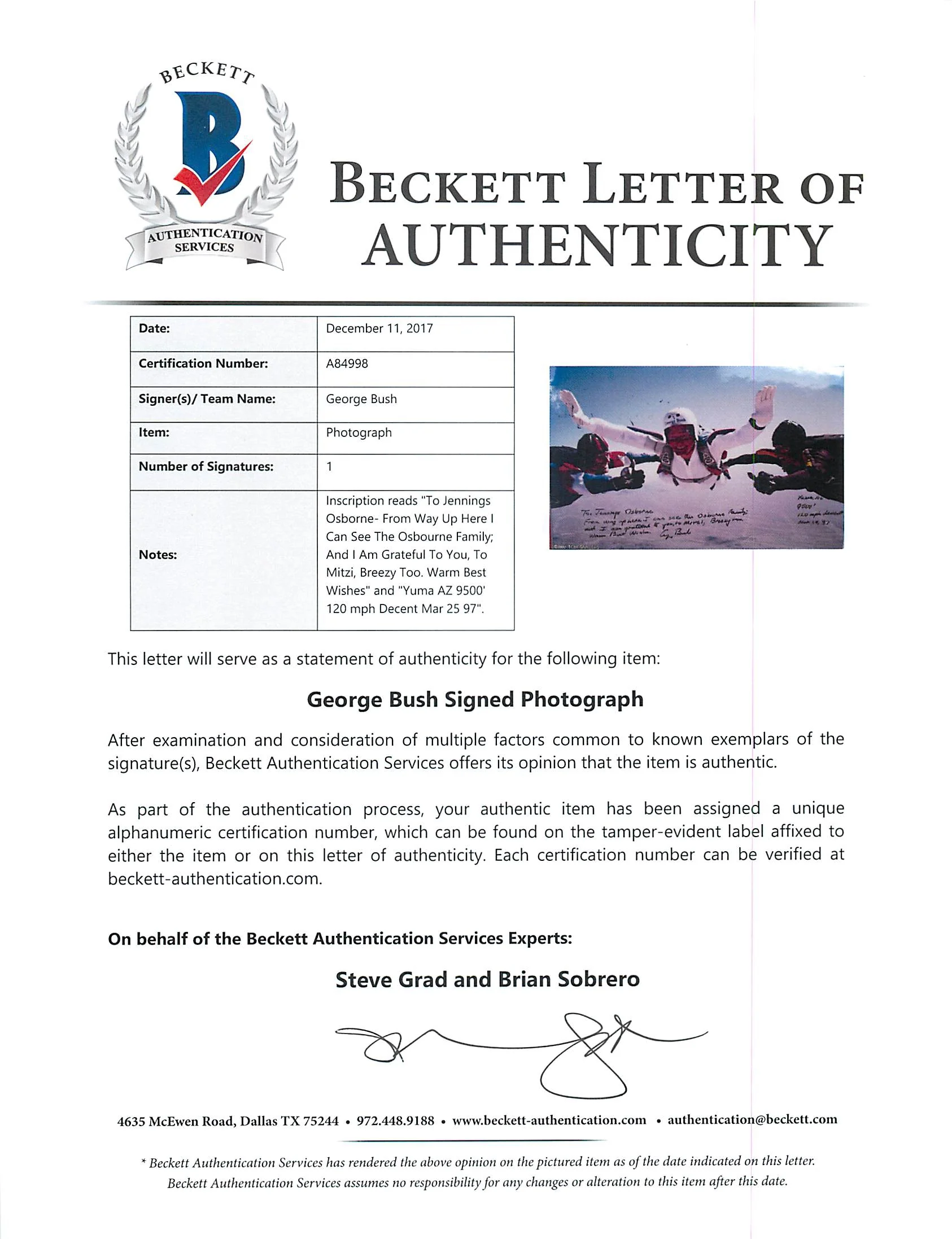 George H.W. Bush Signed & Matted 85th Birthday Skydiving 8x12 Photo BAS #A84998 - Image 6