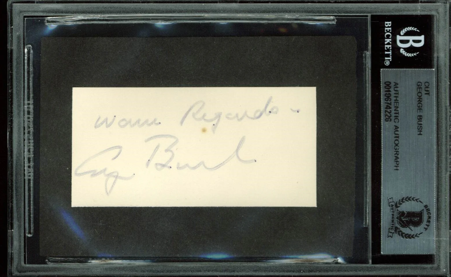 George H.W. Bush "Warm Regards" Authentic Signed 1.35x2.8 Cut Signature BAS Slab - Image 2