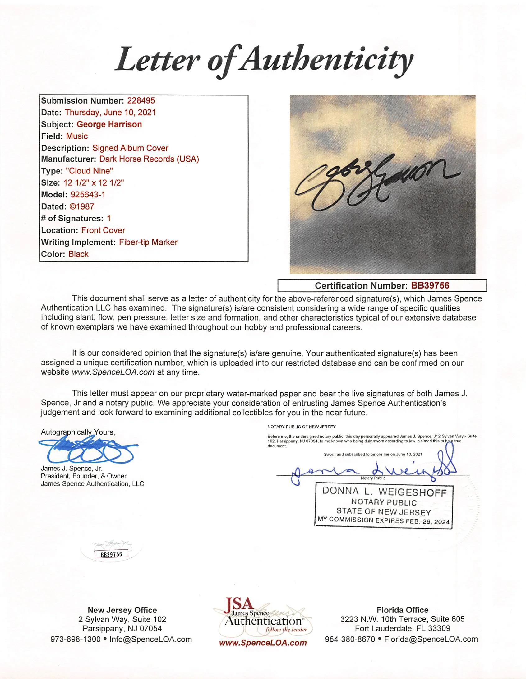 George Harrison Authentic Signed Cloud Nine Album Cover JSA #BB39756 - Image 5