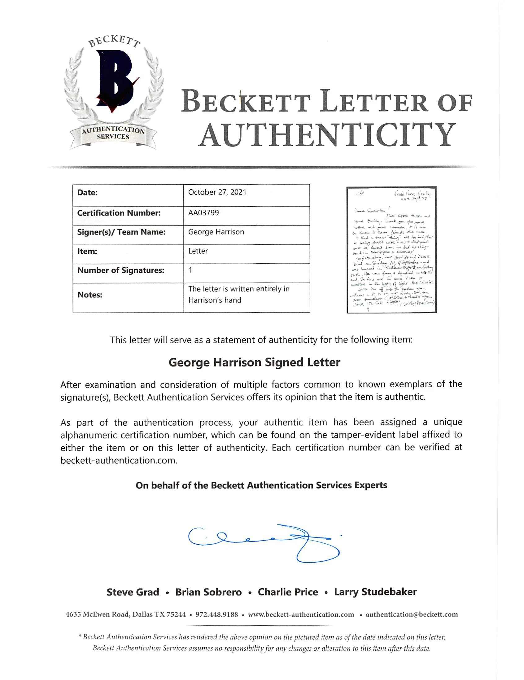 George Harrison The Beatles Authentic Signed Handwritten Letter BAS #AA03799 - Image 4