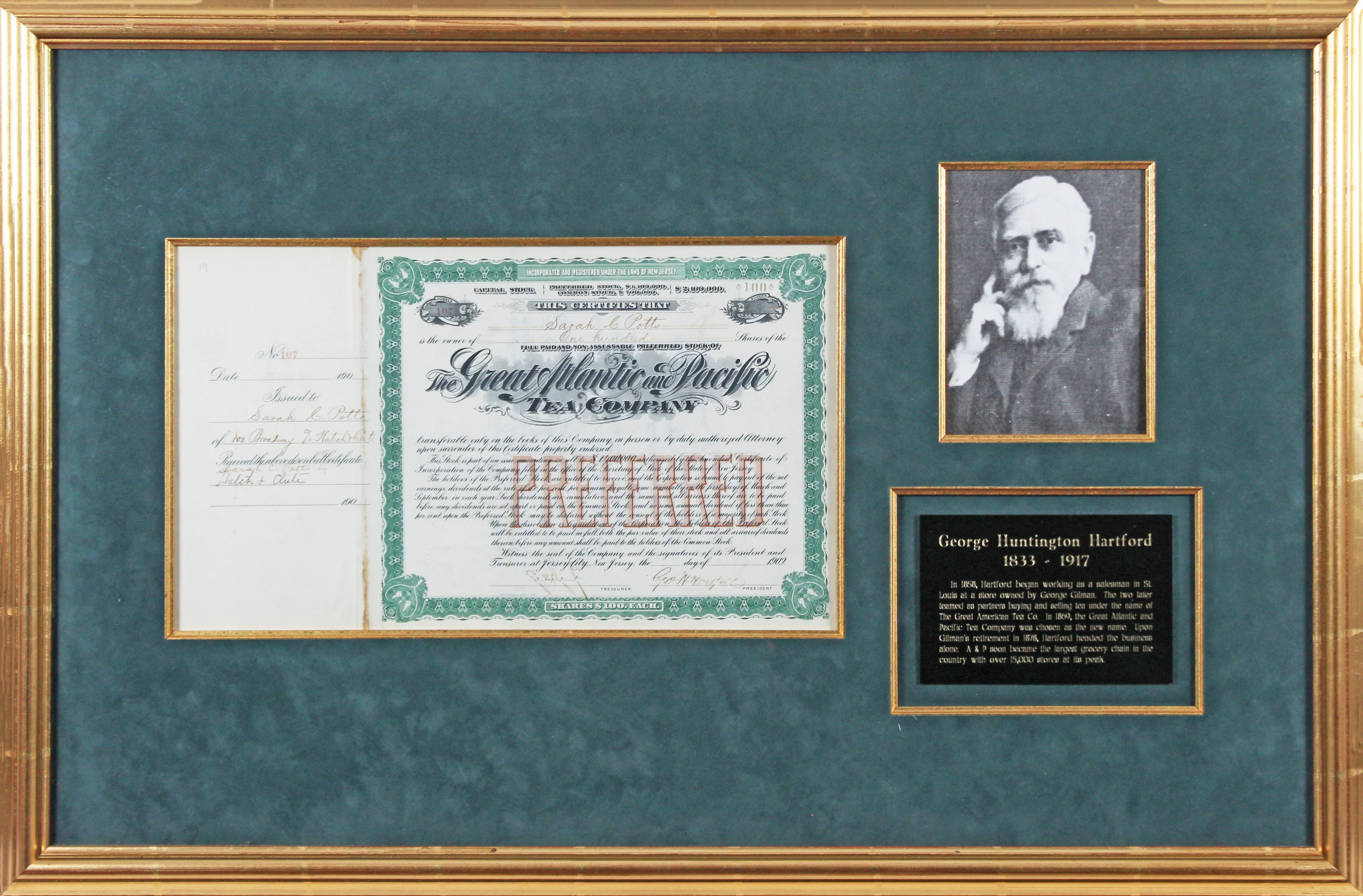 George Huntington Hartford Signed & Framed 9.5x16 Stock Certificate BAS #AD64290 - Image 2