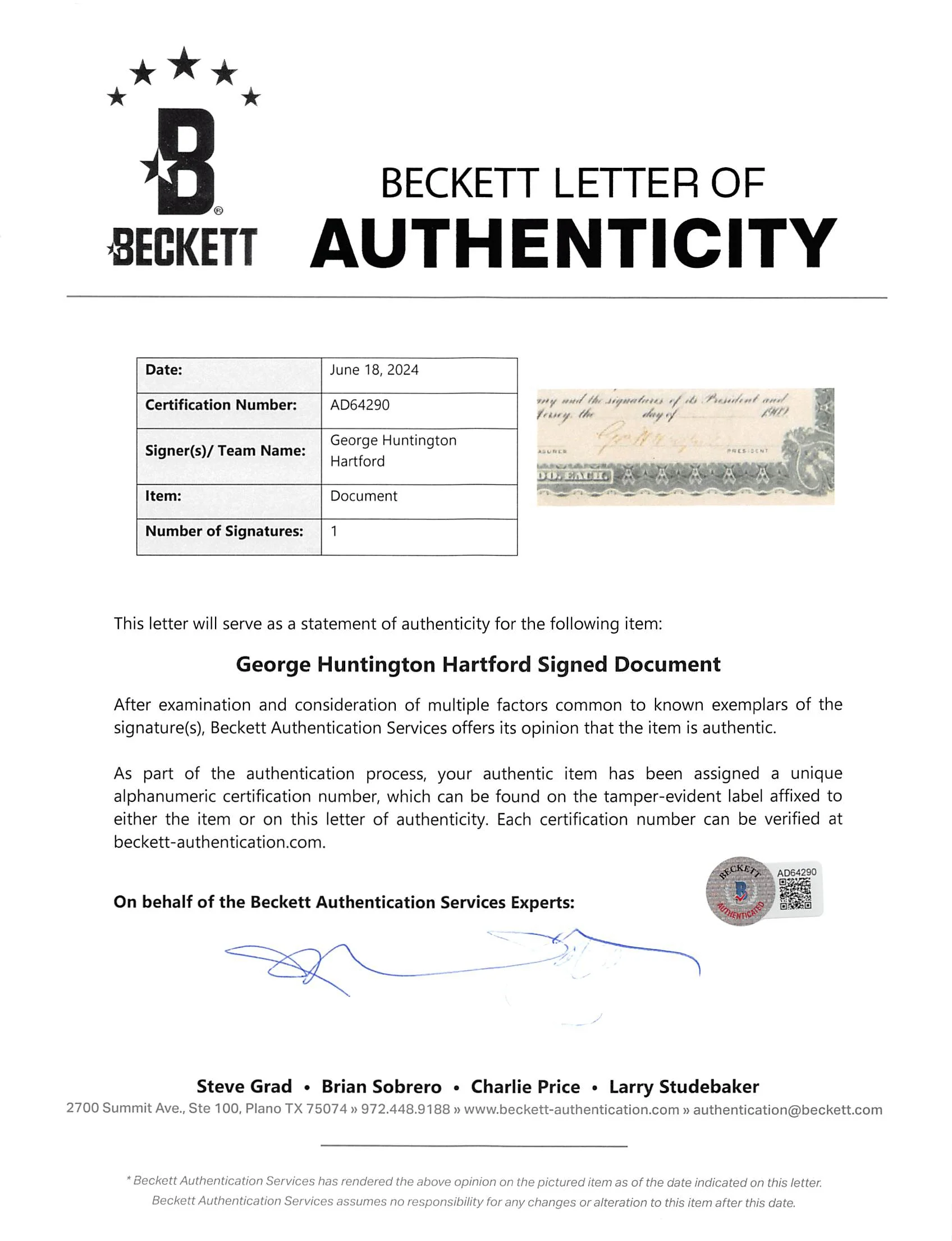 George Huntington Hartford Signed & Framed 9.5x16 Stock Certificate BAS #AD64290 - Image 4