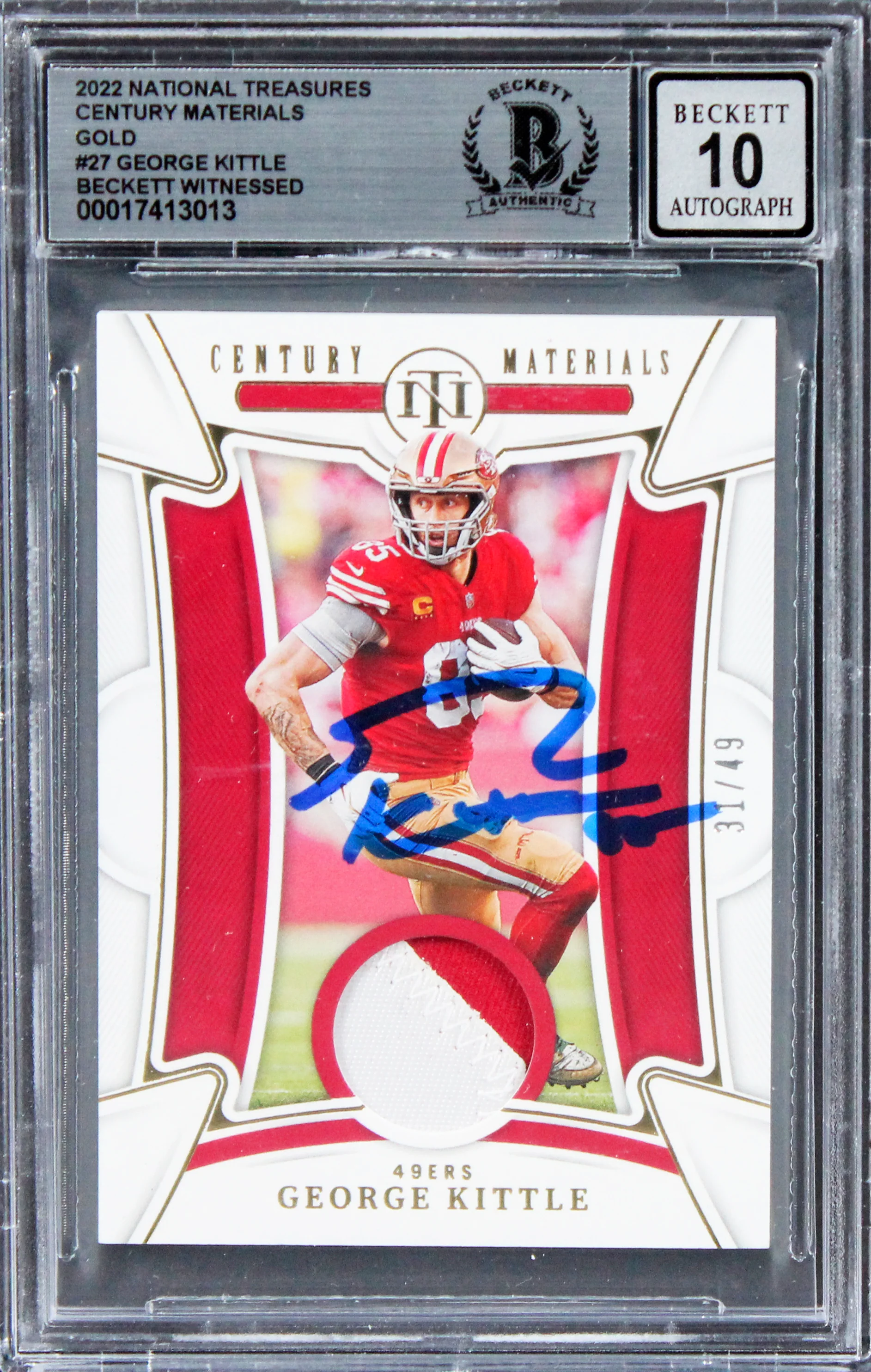 George Kittle Signed 2022 Natl Treasures CM #27 #31/49 Card Auto 10! BAS Slabbed - Image 2