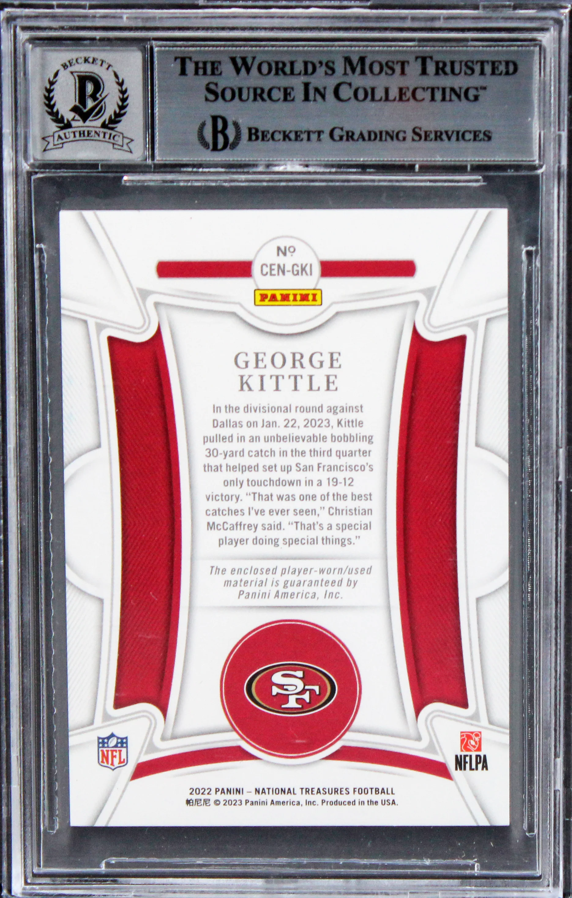 George Kittle Signed 2022 Natl Treasures CM #27 #31/49 Card Auto 10! BAS Slabbed - Image 3