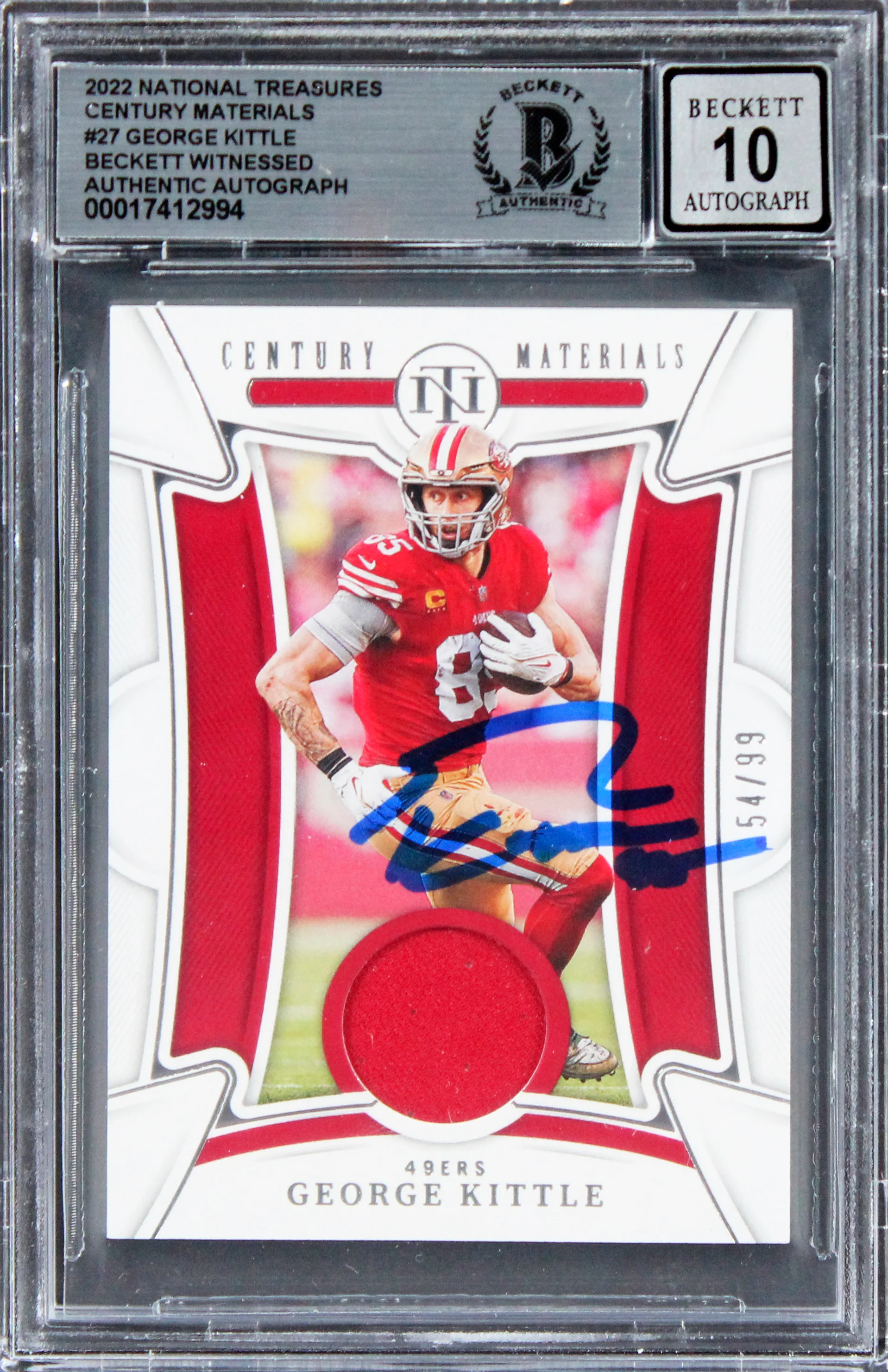 George Kittle Signed 2022 Natl Treasures CM #27 #54/99 Card Auto 10! BAS Slabbed - Image 2