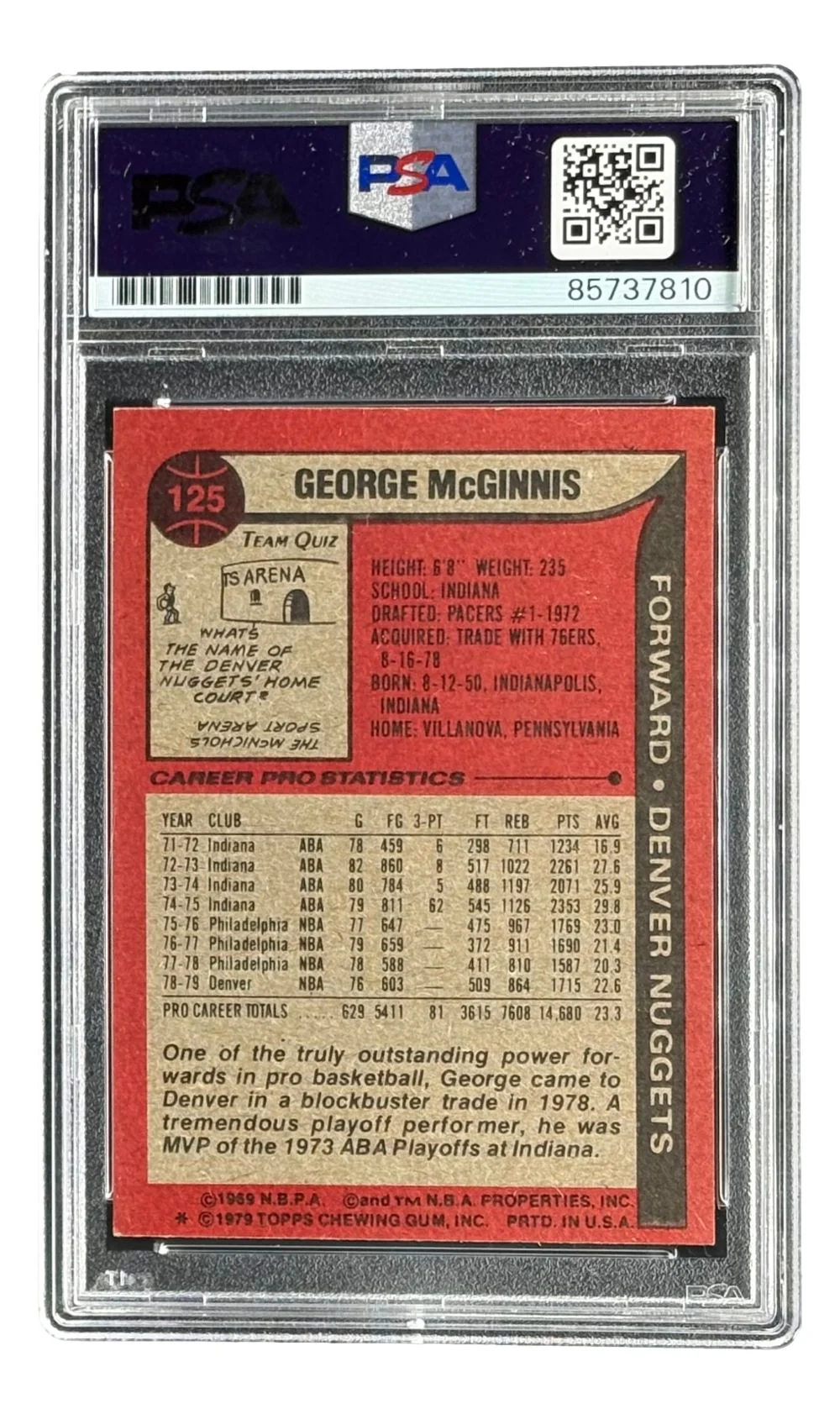 George McGinnis Signed 1979/80 Topps #125 Nuggets Trading Card PSA/DNA - Image 2