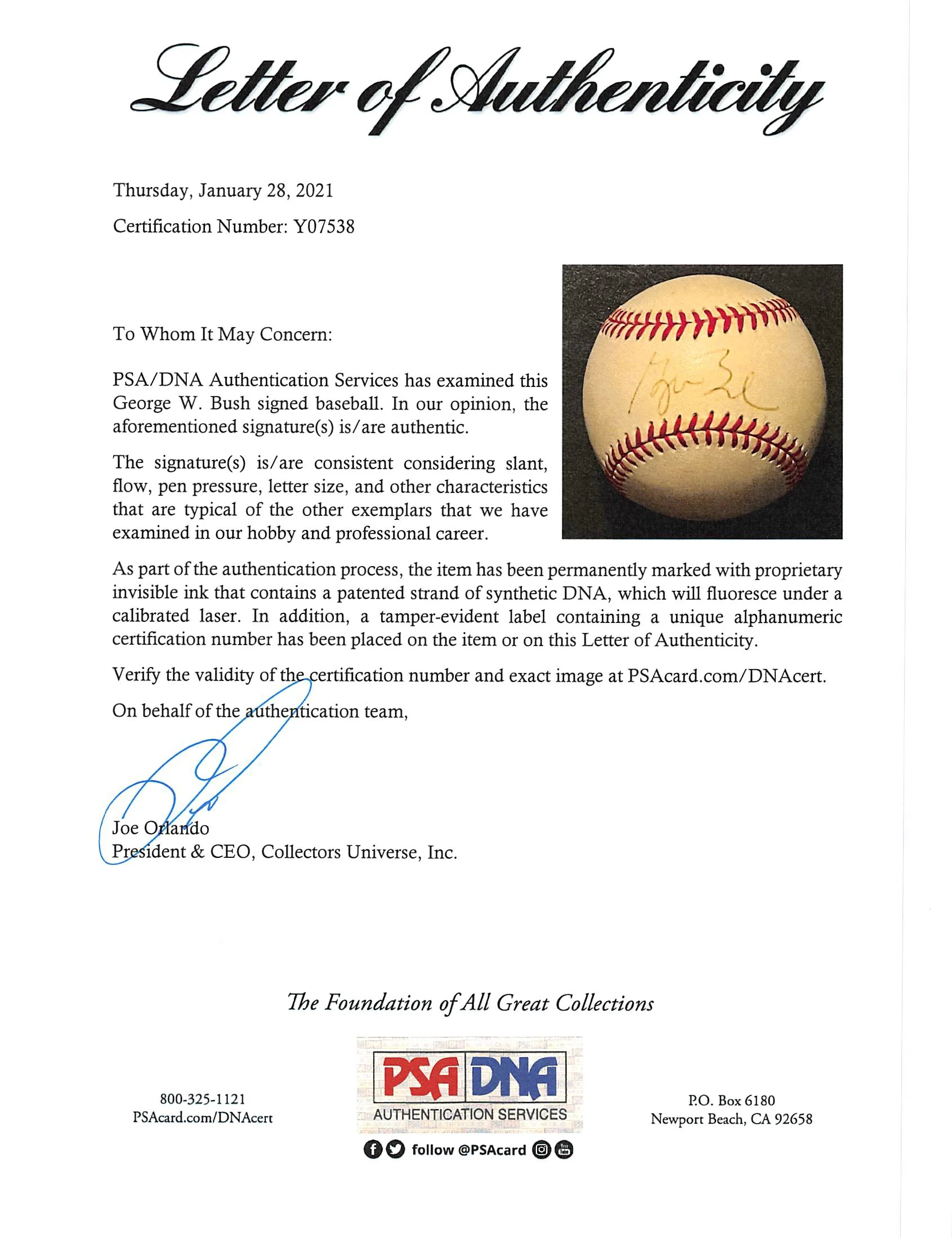 George W. Bush Authentic Signed Coleman Onl Baseball Autographed PSA/DNA #Y07538 - Image 8