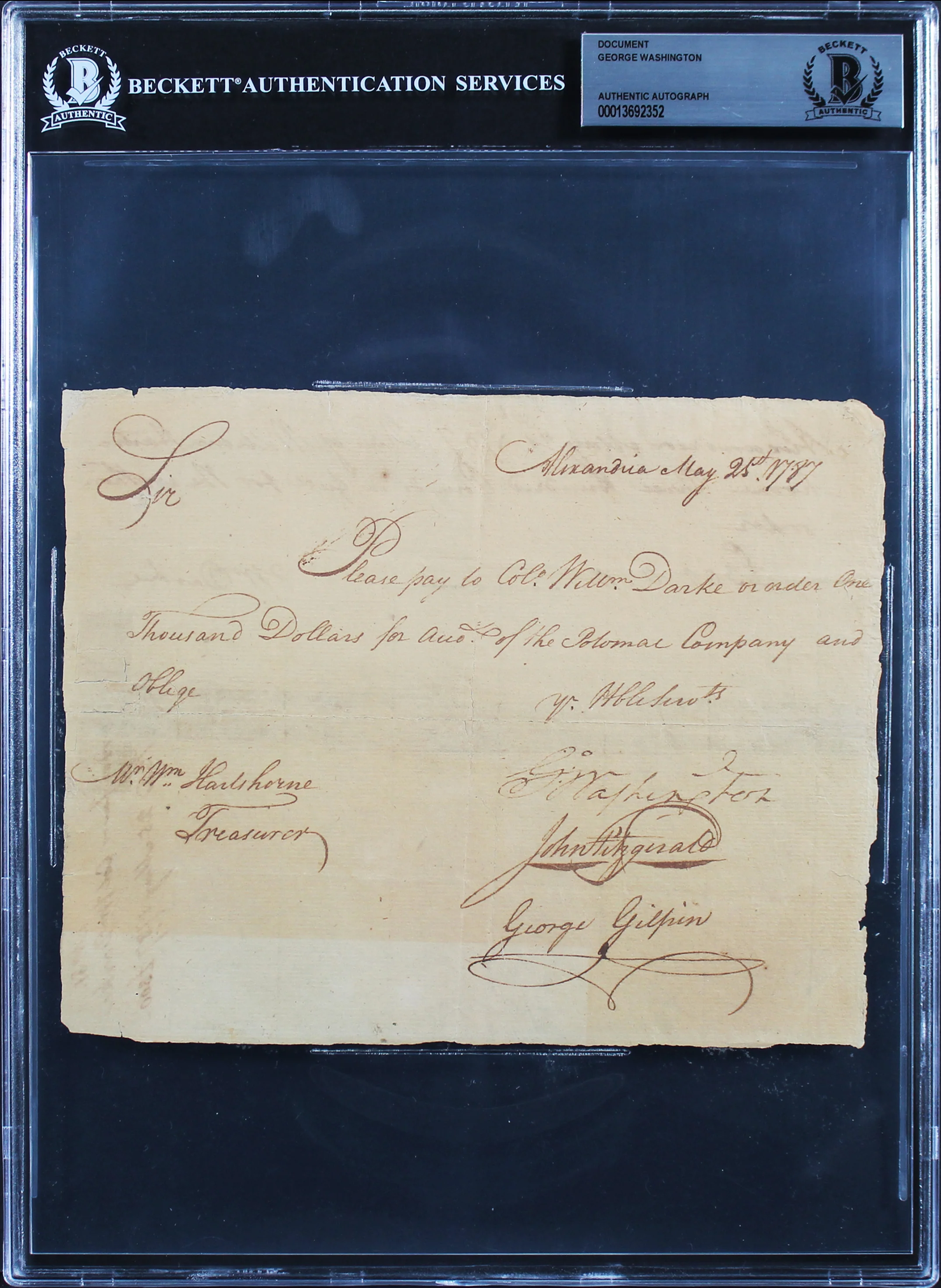 George Washington Signed 6x7.5 1787 Potomac Company Pay Order BAS Slabbed - Image 2