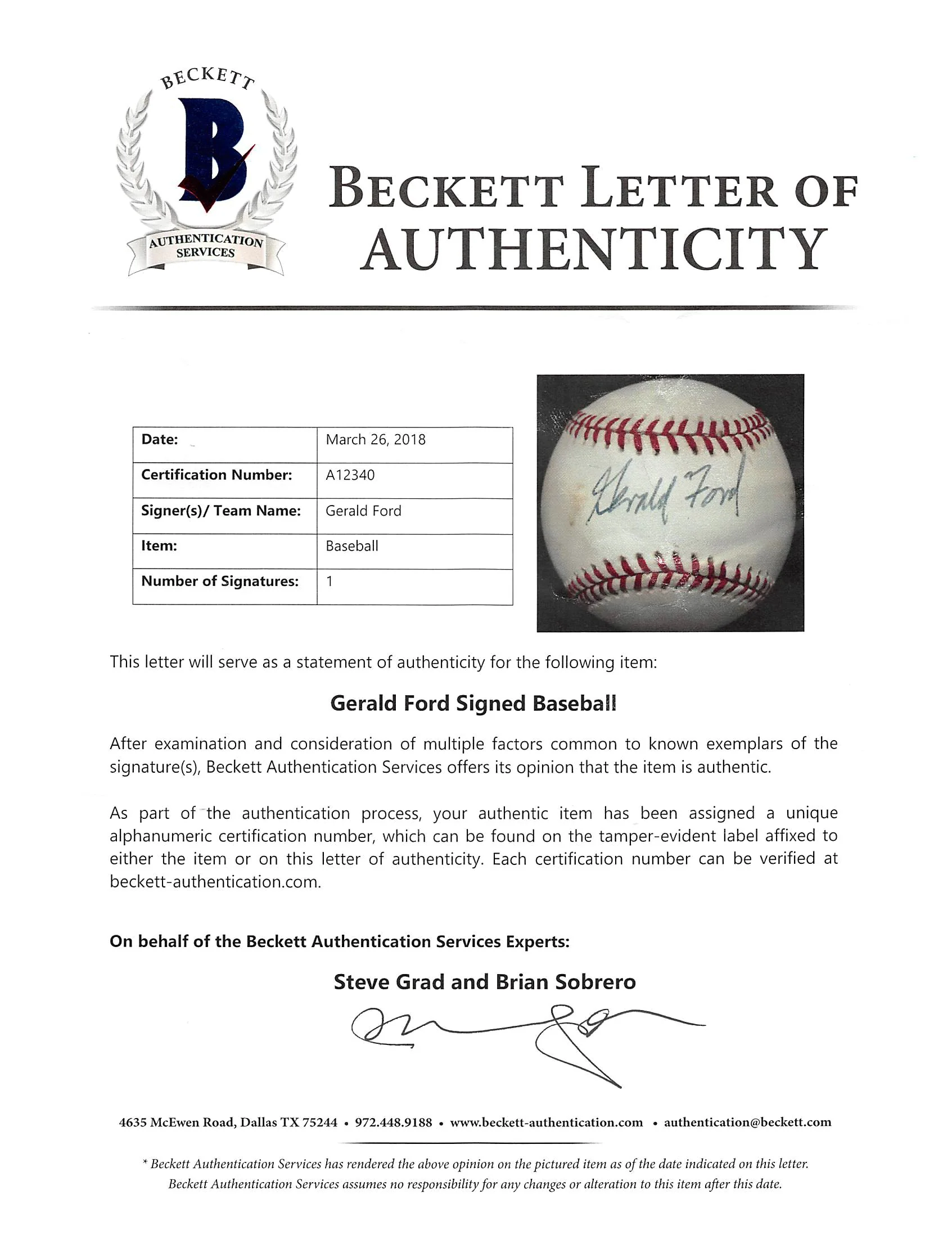Gerald R. Ford Authentic Signed Bobby Brown Oal Baseball Autographed BAS #A12340 - Image 8
