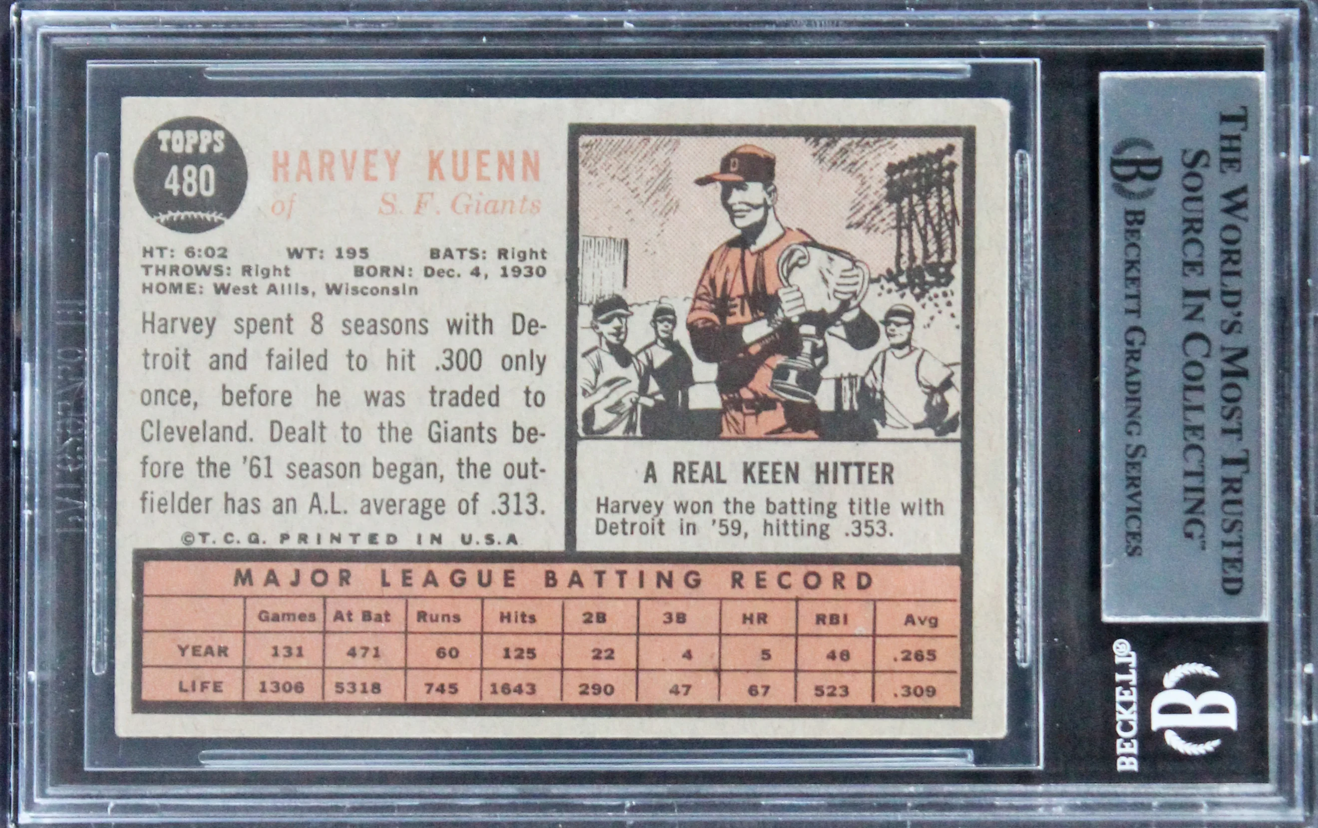 Giants Harvey Kuenn Authentic Signed 1962 Topps #480 Card BAS Slabbed - Image 3