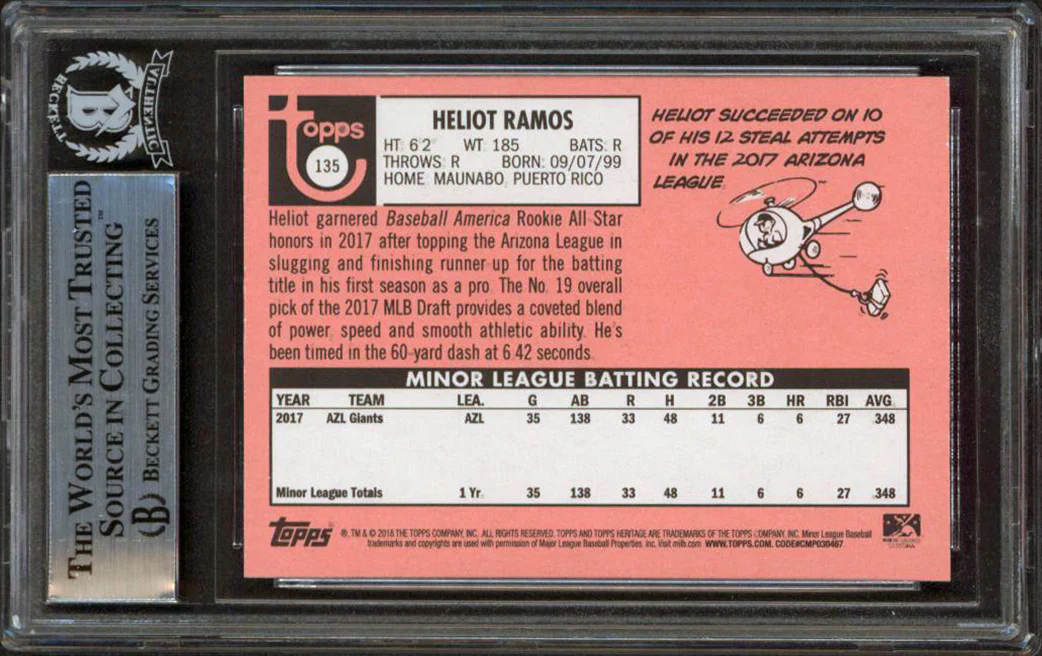 Giants Heliot Ramos Signed 2018 Topps Heritage Minors #135 Card BAS Slabbed - Image 3