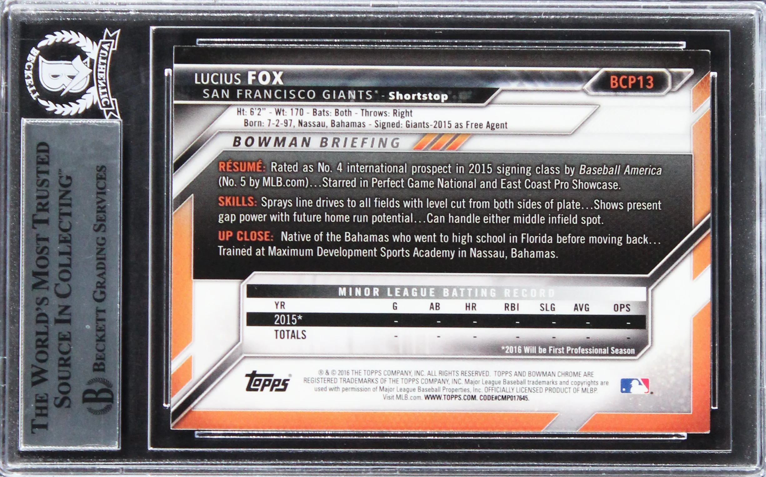 Giants Lucius Fox Signed 2016 Bowman Chrome Prospects #BCP13 Card BAS Slabbed - Image 3