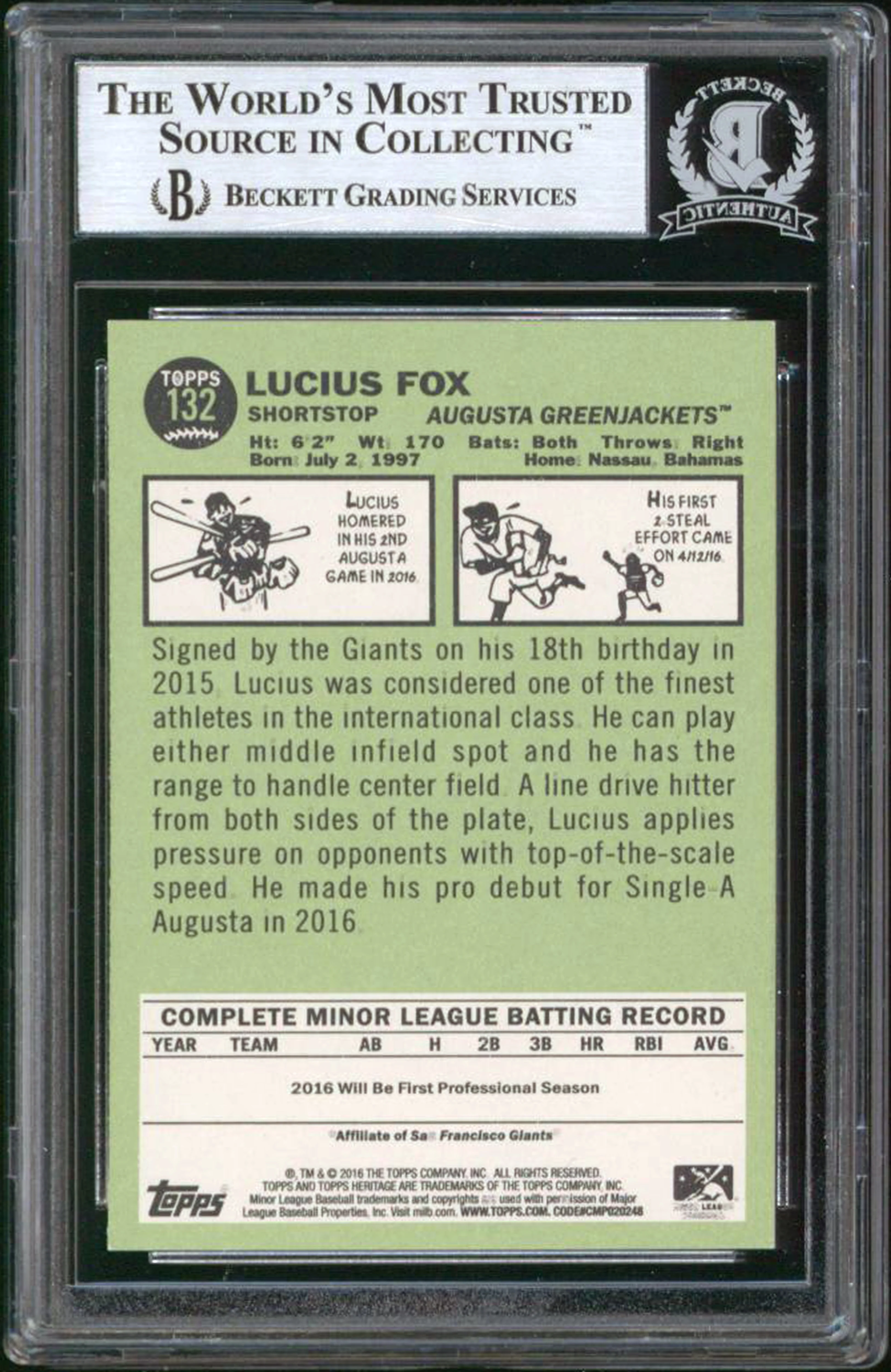 Giants Lucius Fox Signed 2016 Topps Heritage Minors #132 Rookie Card BAS Slabbed - Image 3