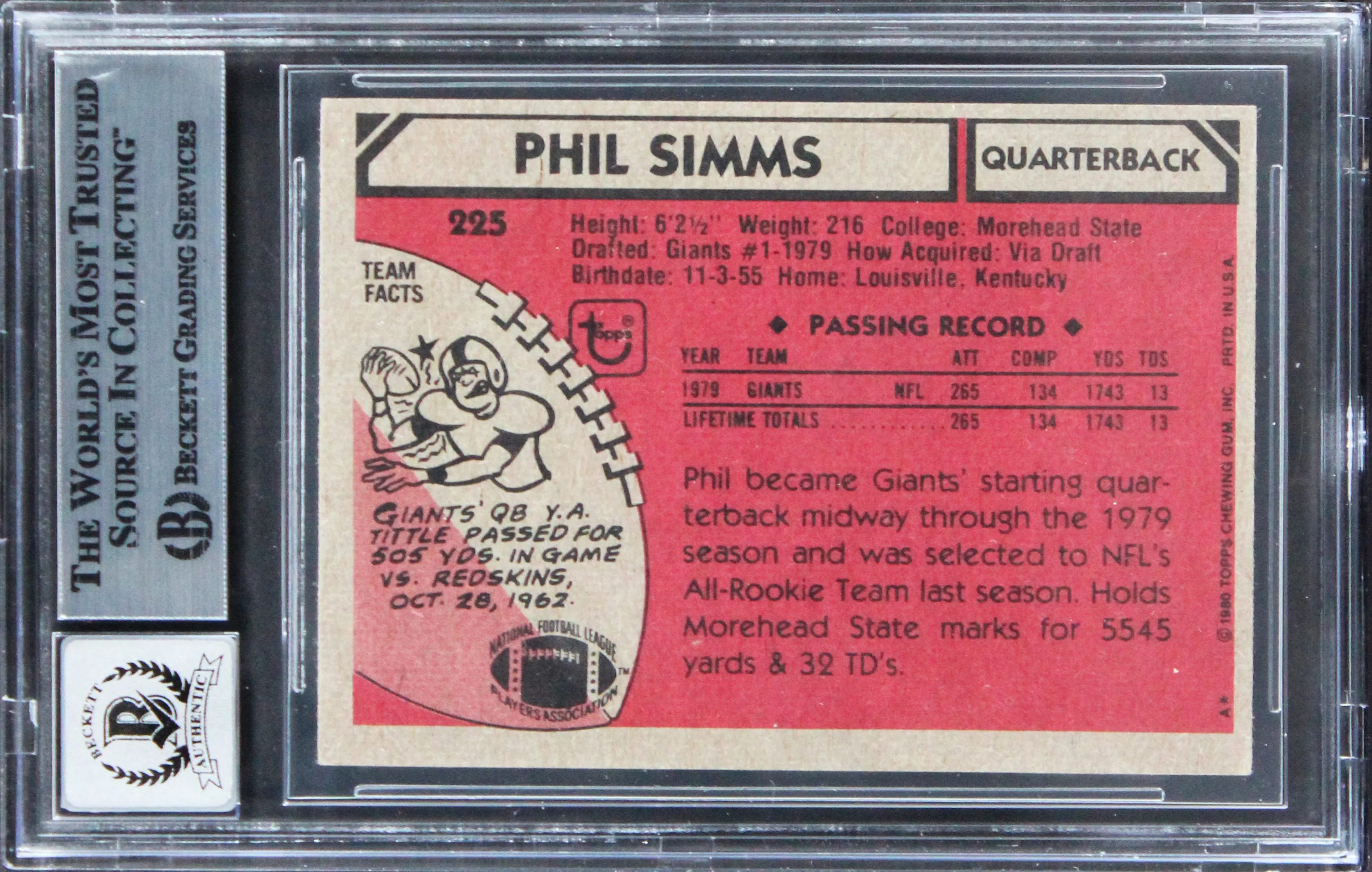 Giants Phil Simms Signed 1980 Topps #225 Card Auto Graded Mint 10! BAS Slabbed - Image 3
