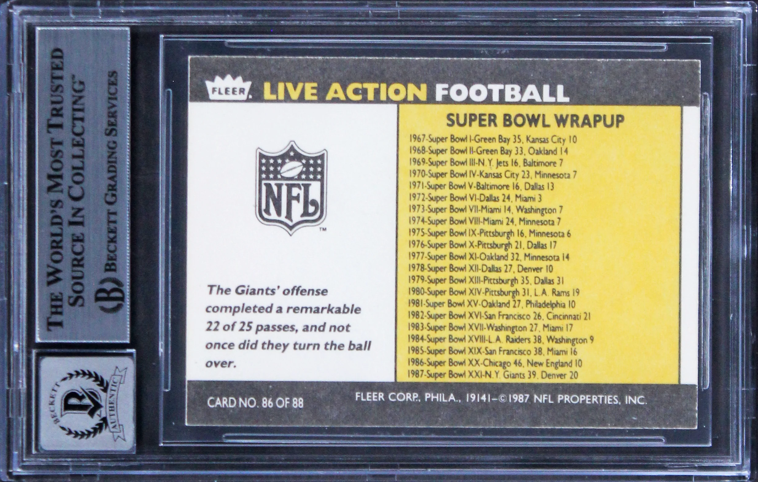 Giants Phil Simms Signed 1987 Fleer Team Action #86 Card Auto Grade 10! BAS Slab - Image 3