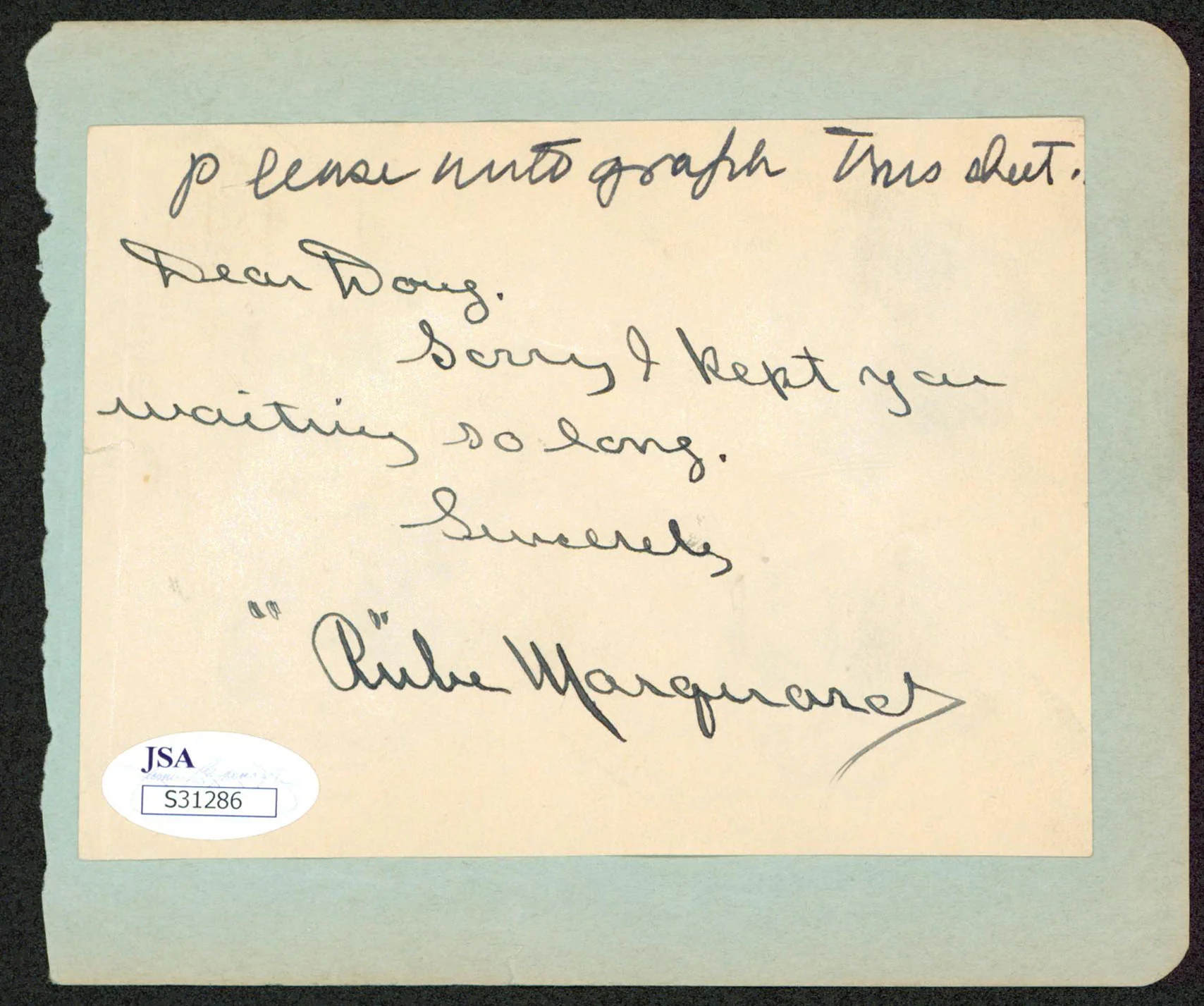Giants Rube Marquard "Dear Doug" Signed 3.5x4.5 Cut Signature JSA #S31286 - Image 2