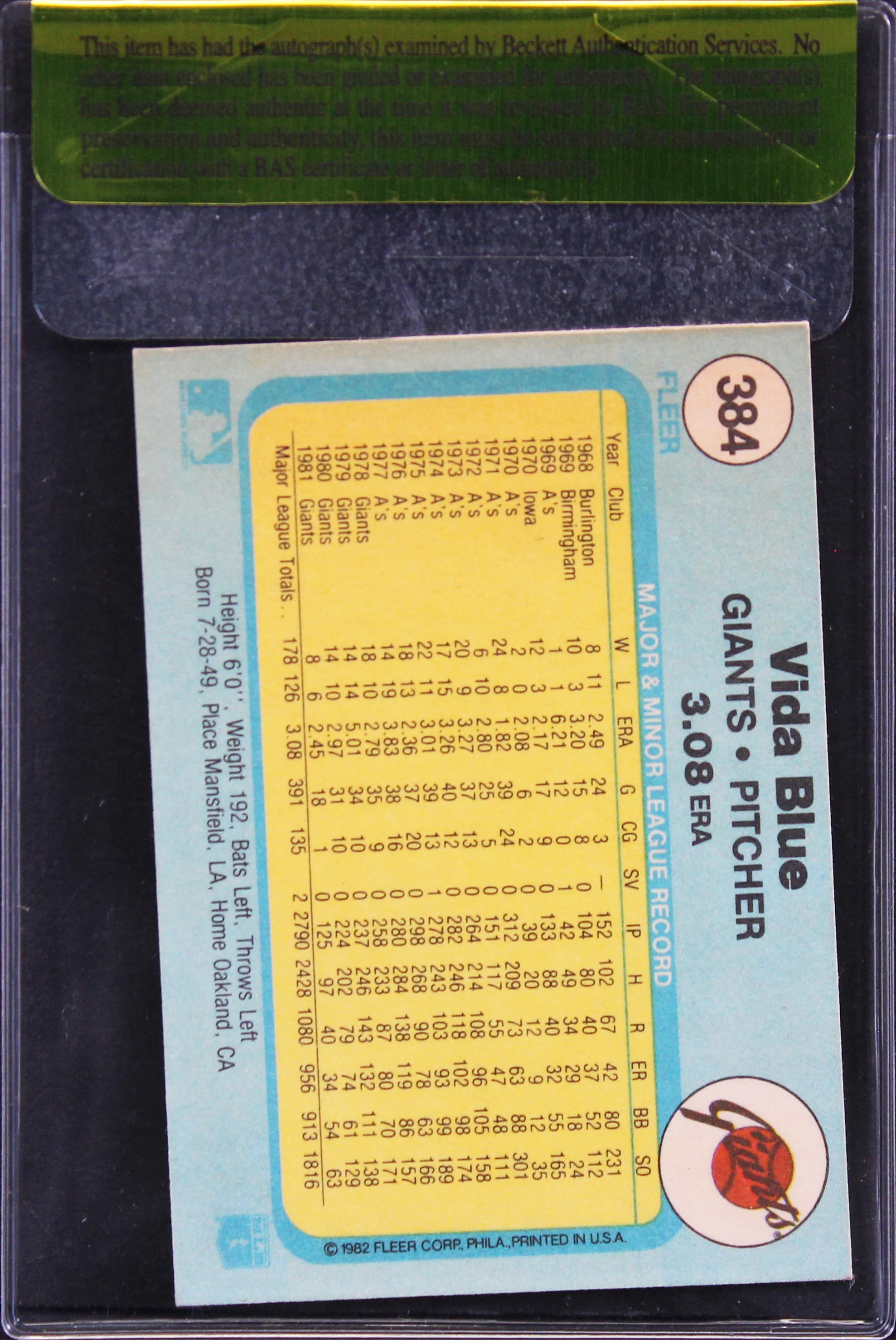 Giants Vida Blue Authentic Signed 1982 Fleer #384 Card BAS #11392 - Image 3