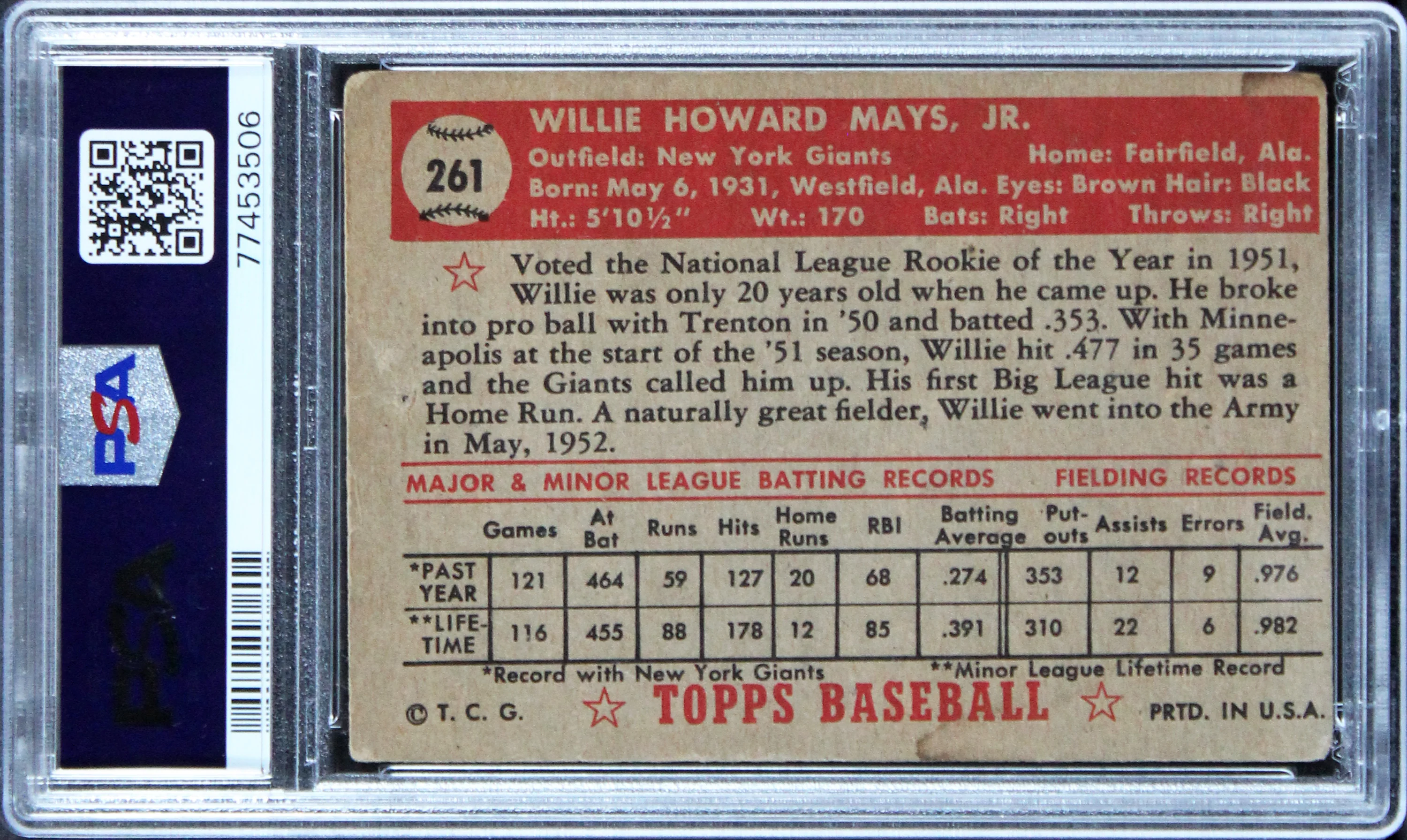 Giants Willie Mays 1952 Topps #261 Card Graded PR 1 PSA/DNA Slabbed - Image 3