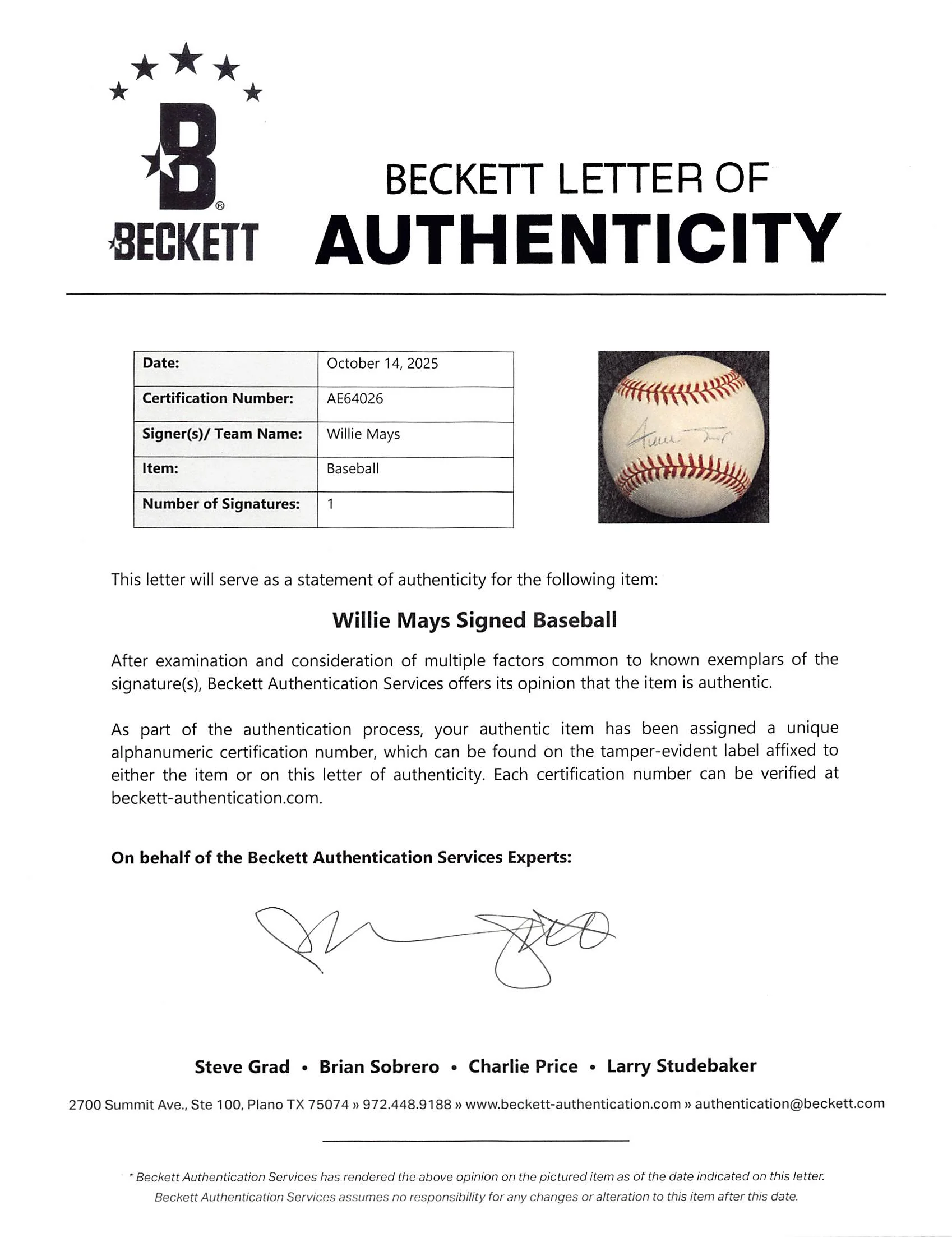 Giants Willie Mays Authentic Signed Leonard Coleman ONL Baseball BAS #AE64026 - Image 9