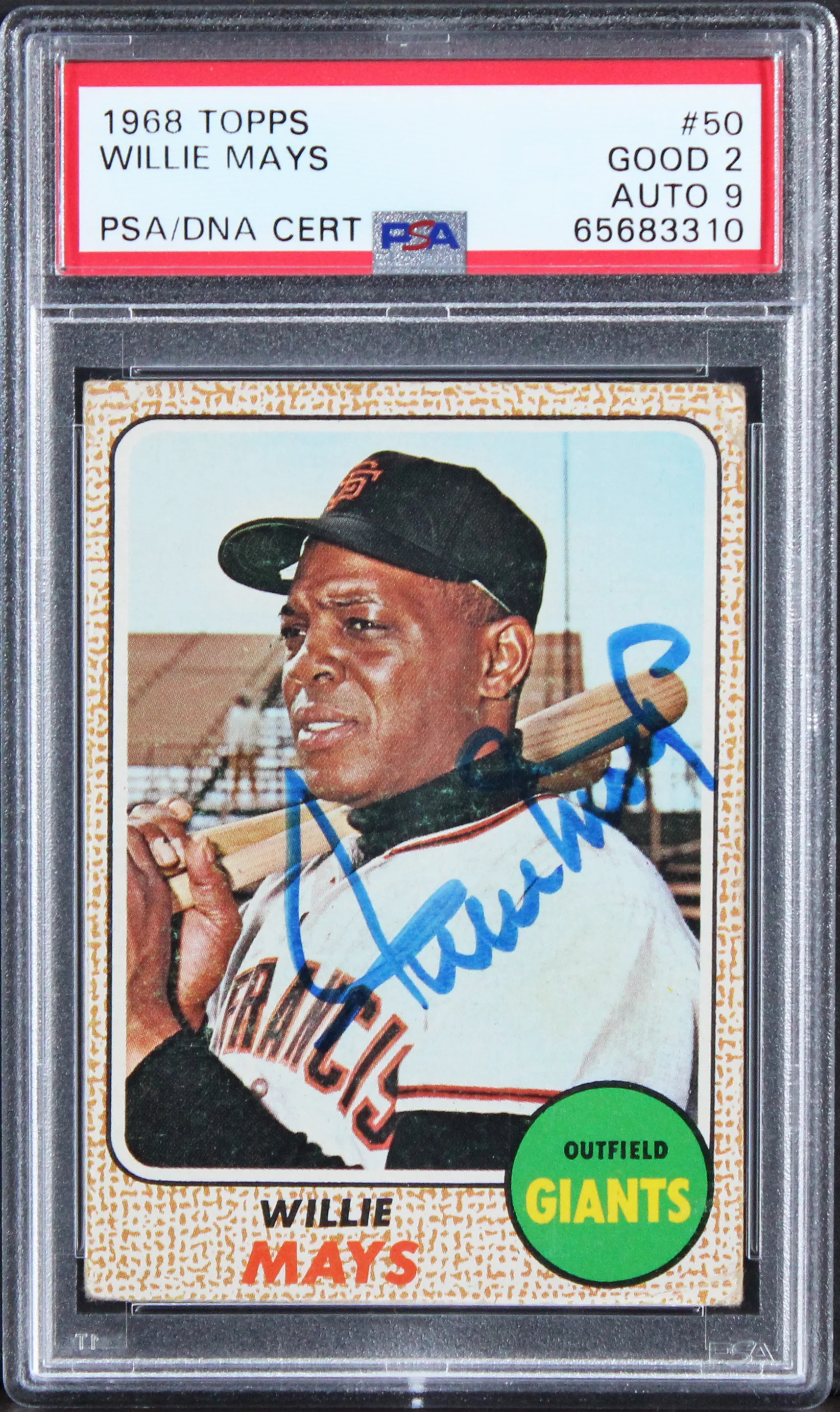 Giants Willie Mays Signed 1968 Topps #50 Card Graded 2, Auto 9! PSA/DNA Slabbed - Image 2
