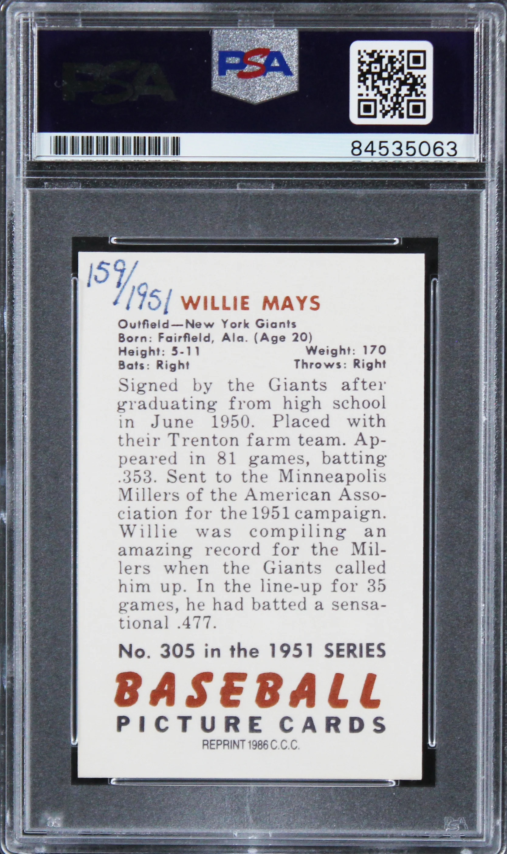 Giants Willie Mays Signed 1986 CCC #305 Reprint Card LE #159/1951 PSA Slabbed - Image 3
