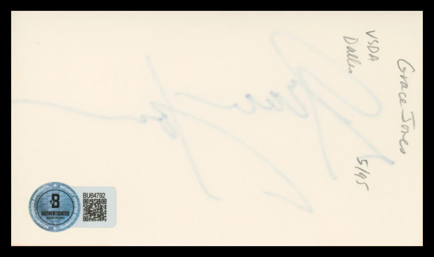 Grace Jones A View to a Kill Authentic Signed 3x5 Index Card BAS #BU64792 - Image 3