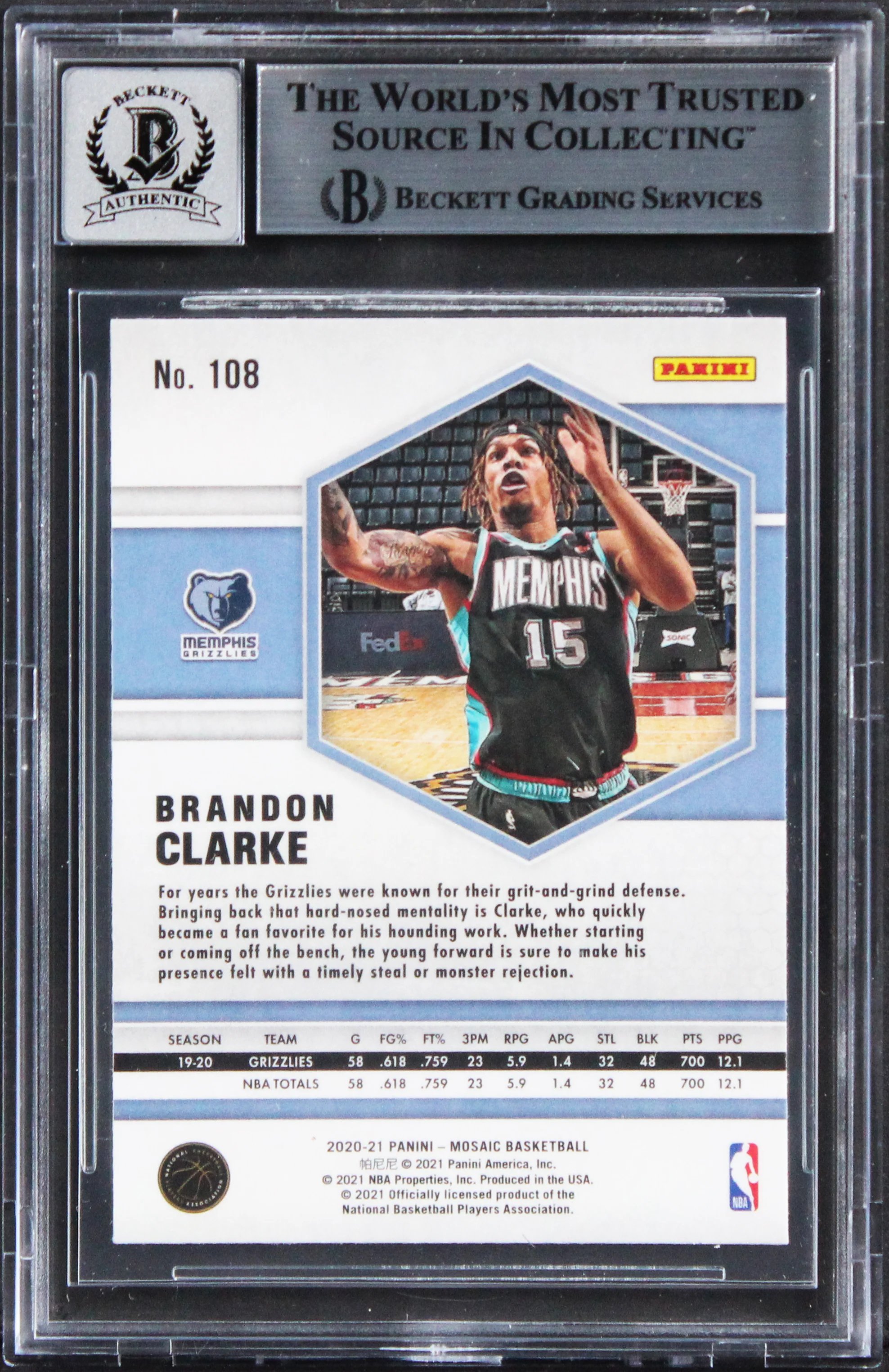 Grizzlies Brandon Clarke Signed 2020 Panini Mosaic #108 Card Auto 10 BAS Slabbed - Image 3