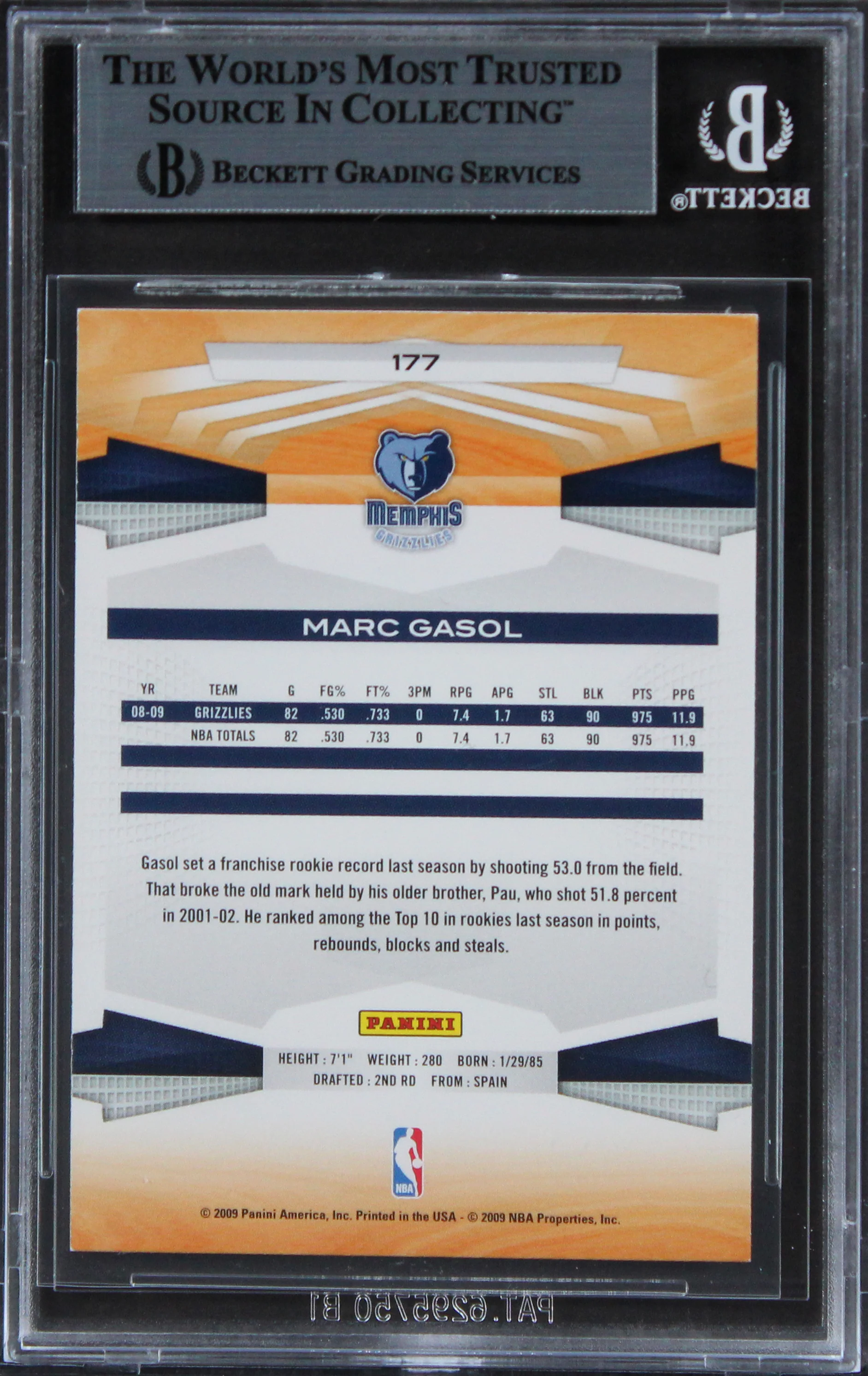 Grizzlies Marc Gasol Authentic Signed 2009 Panini #177 Card BAS Slabbed - Image 3